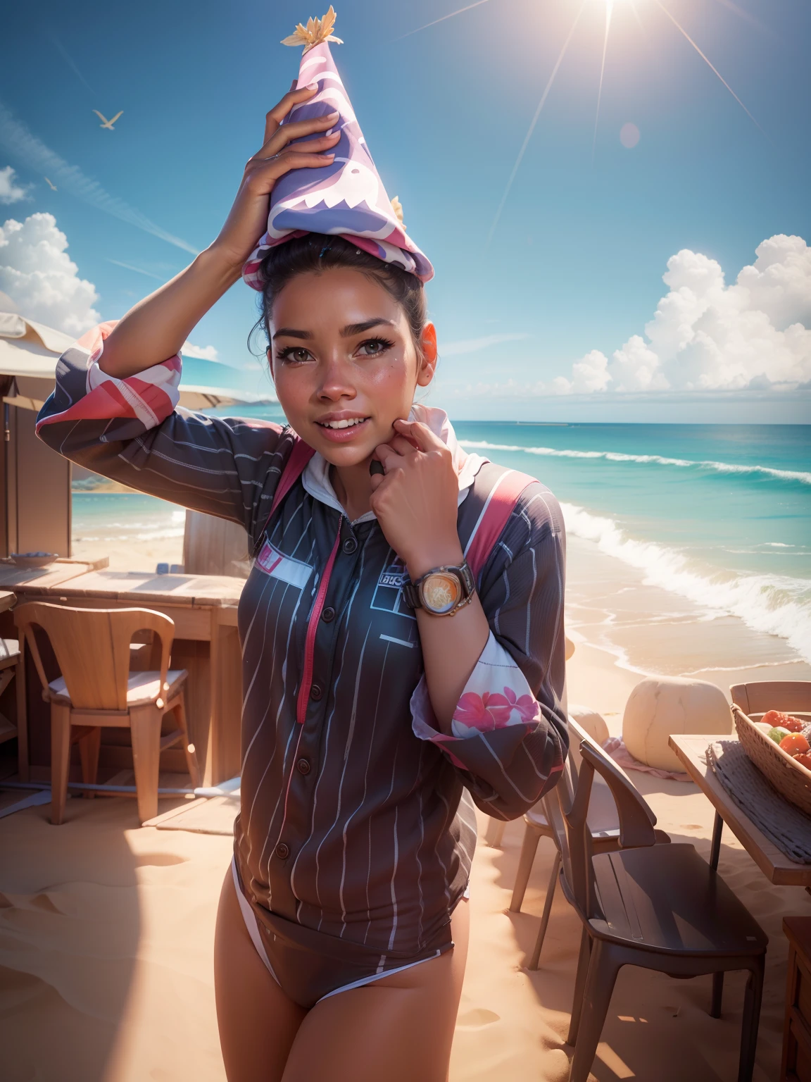 Change'background beach, change dress to bikni, realistic face, 8k , ultra hd