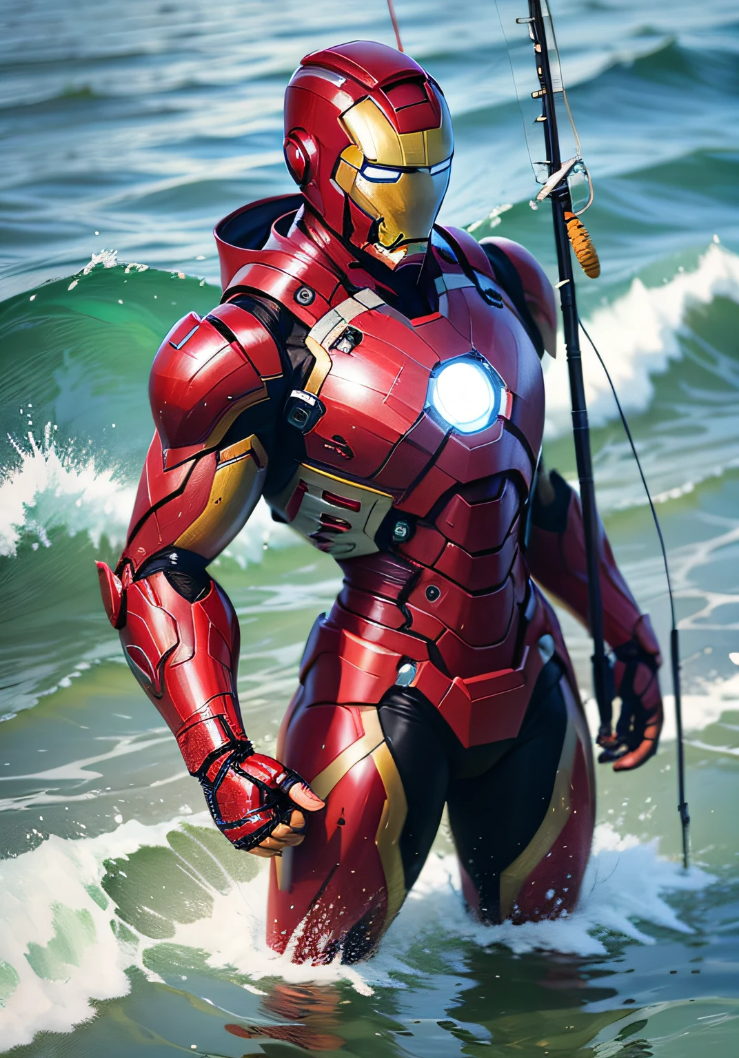 A fisherman who looks like Iron Man floats adrift in the beautiful ocean wearing an Iron Man mask,wearing elegant outfits。Fishing with a fishing rod in hand