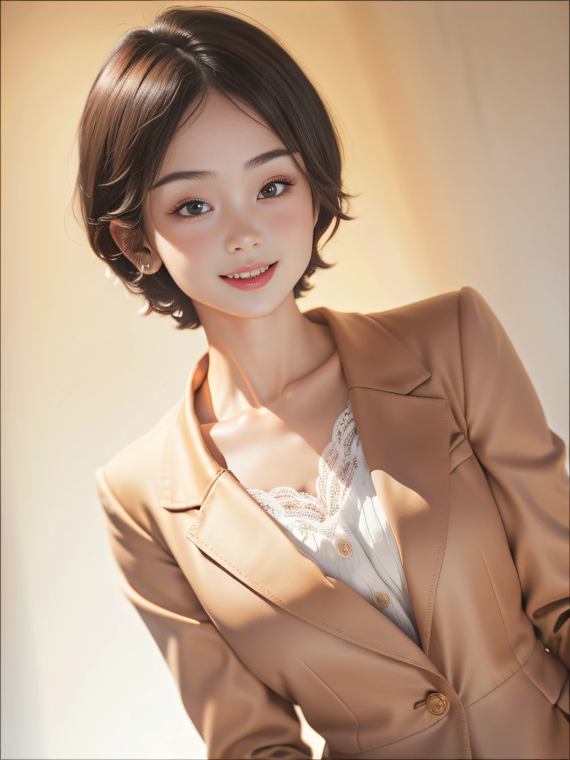 Real, Photo, {Realistic}, {incredibly_absurderes}, Bust, Transparent_Background：2.5, {Girl},ChineseGirl：1.3， Short hair, Brown hair, Cute face, Light smile, Beautiful detailed eyes, Brown eyes, Medium breasts, Wear a suit, realisticlying, Masterpiece, Best quality