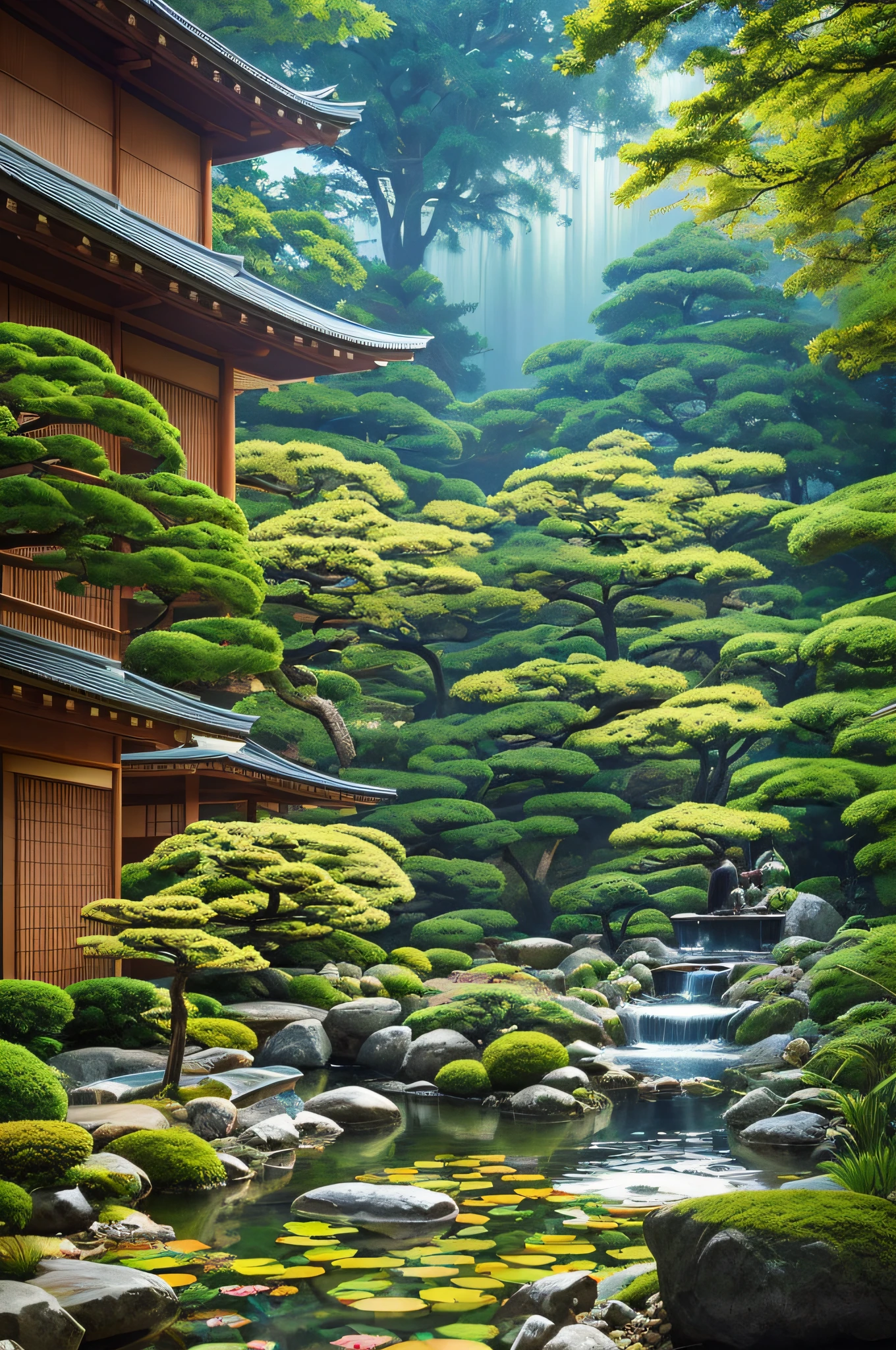 japanese dwarf pine, (ikebana:1.1), japanese pond and garden on background, by charlotte grimm, japanese garden, sci-fi, cyberpunk, intricate, highly detailed, digital painting, artstation, illustration, art by artgerm and alphonse mucha, vibrant volumetric lighting