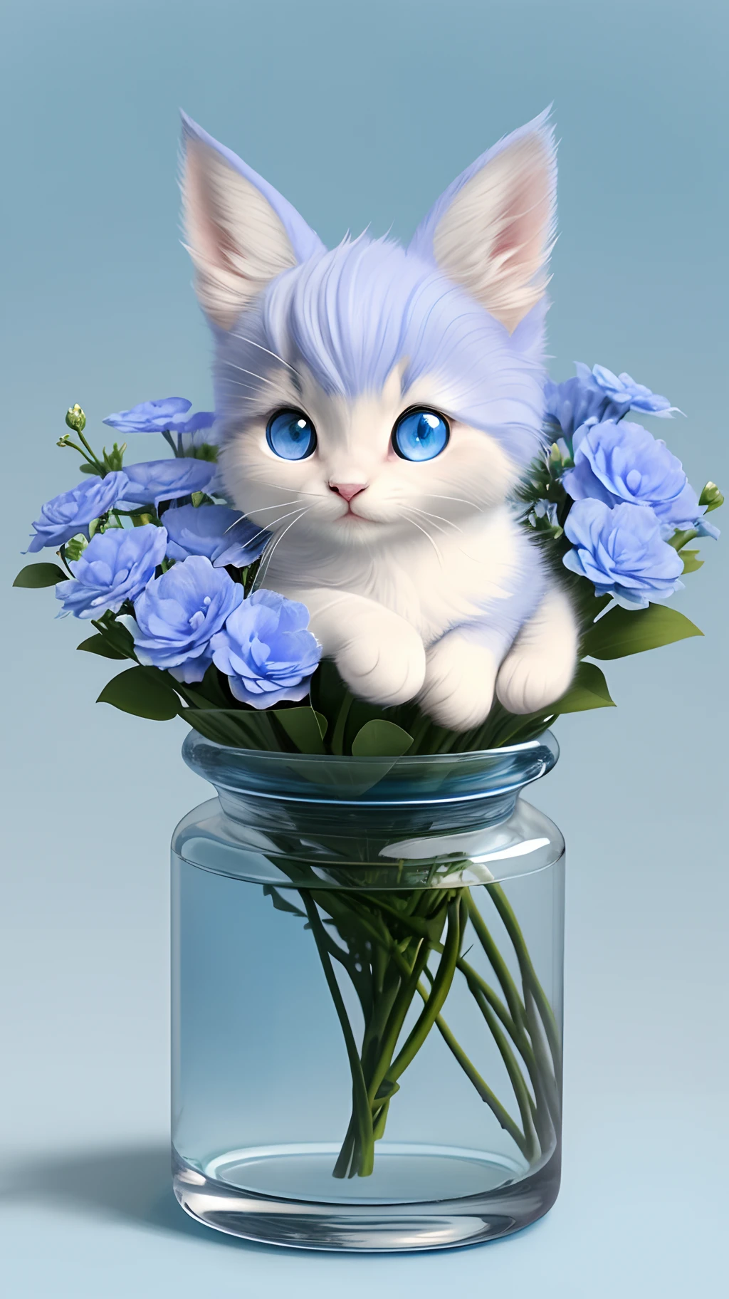 A kitten with a tiny tail, a small nose, small ears, blue eyes, blue background, flowers, vase, dream, caroline chariot-dayez pastels, tumblr, furry art, elokitty, Disney's Bambi cat, Disney's stylized furry, ears floating, fluffy tail, human cat, fluffy ''', fluffy !!!, high resolution, furry art!!!