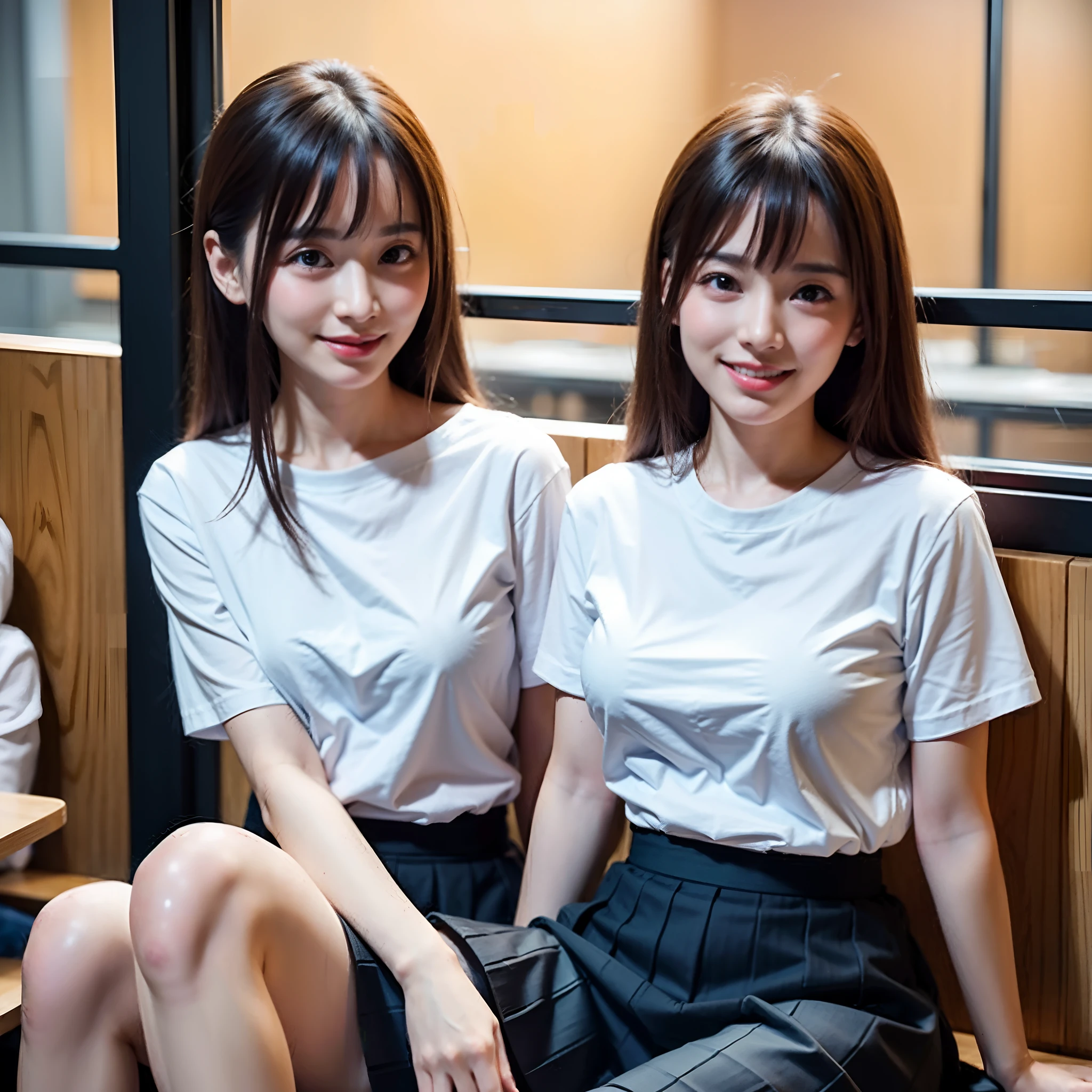 (8K、RAW Photography、top-quality、masterpiece:1.2)、(reallistic、Photorealsitic:1.37)、The ultra -The high-definition、1 girl in、cute little、独奏、Beautiful sky、Detailed Cafe、natta、Sitting、(a smile:1.1)、eyes looking at viewer、bangss、mideum breasts、Short sleeve button shirt、Black skirt、Long