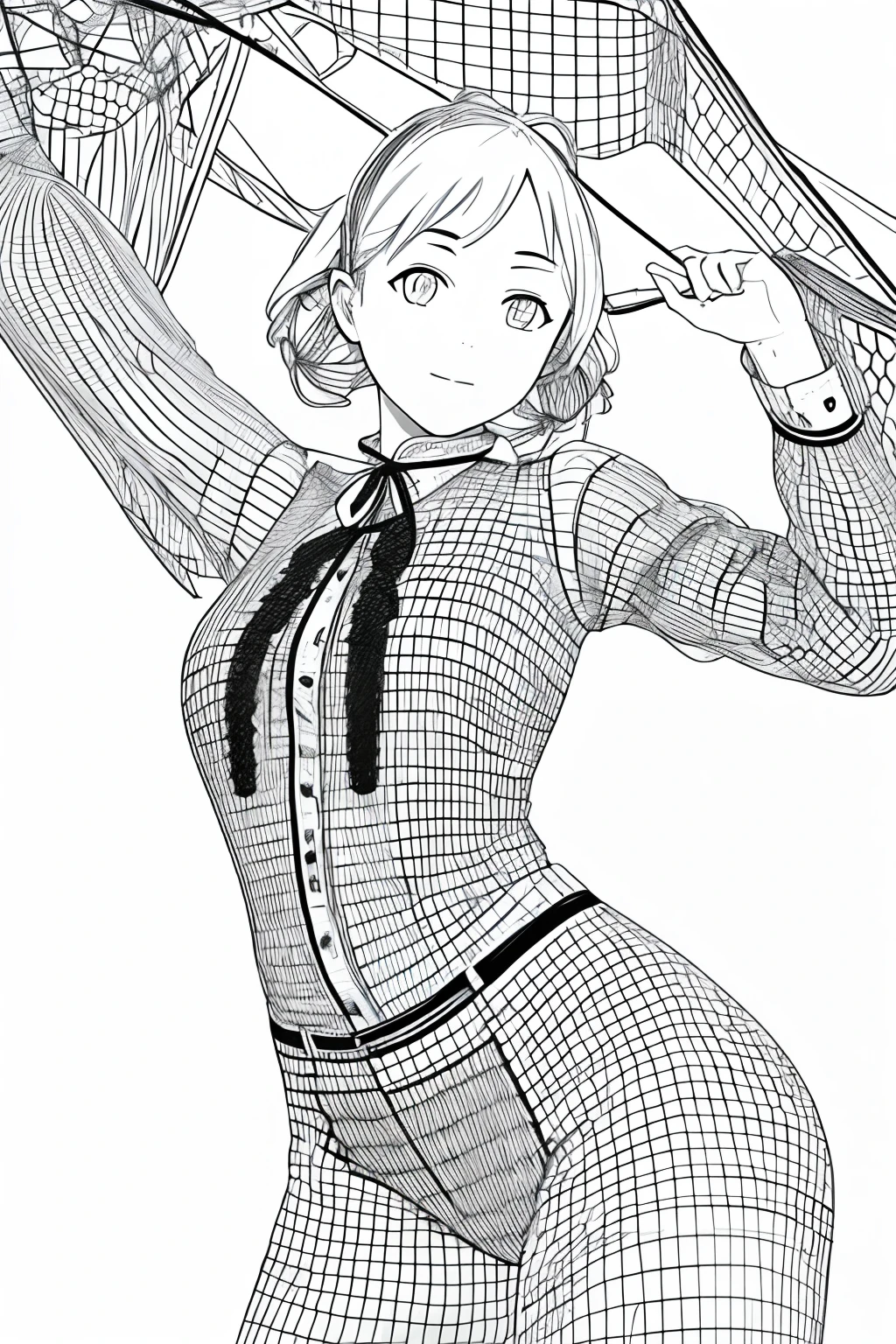 masterpiece, 1girl, cowgirl costum, wide angle view, white background, monochrome, ((wireframe view mode))