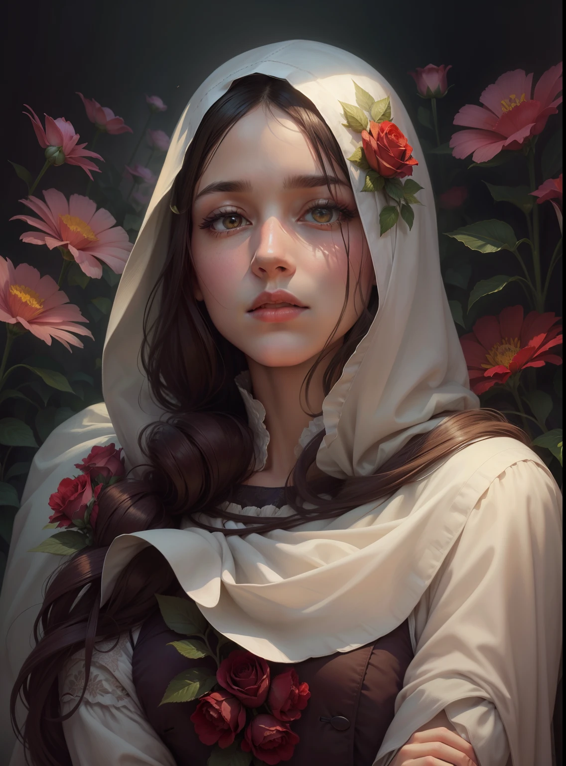 Flowers Garden background, High resolution quality, queen, flowers on head, body cover by cloth, realistic face