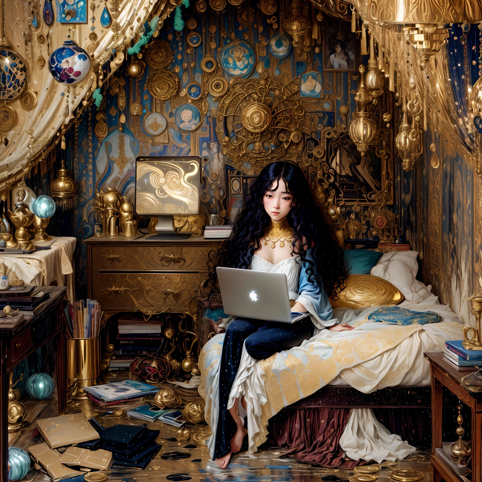painting of a woman sitting on a bed with a laptop, in an attic, surrounded by glittering gold, ornamental sam guay, in her room, inspired by Mikhail Nesterov, ( asaf hanuka ), in small room, gustav klimt style, botticelli and victo ngai, inspired by Hovsep Pushman, denis sarazhin, in my bedroom
