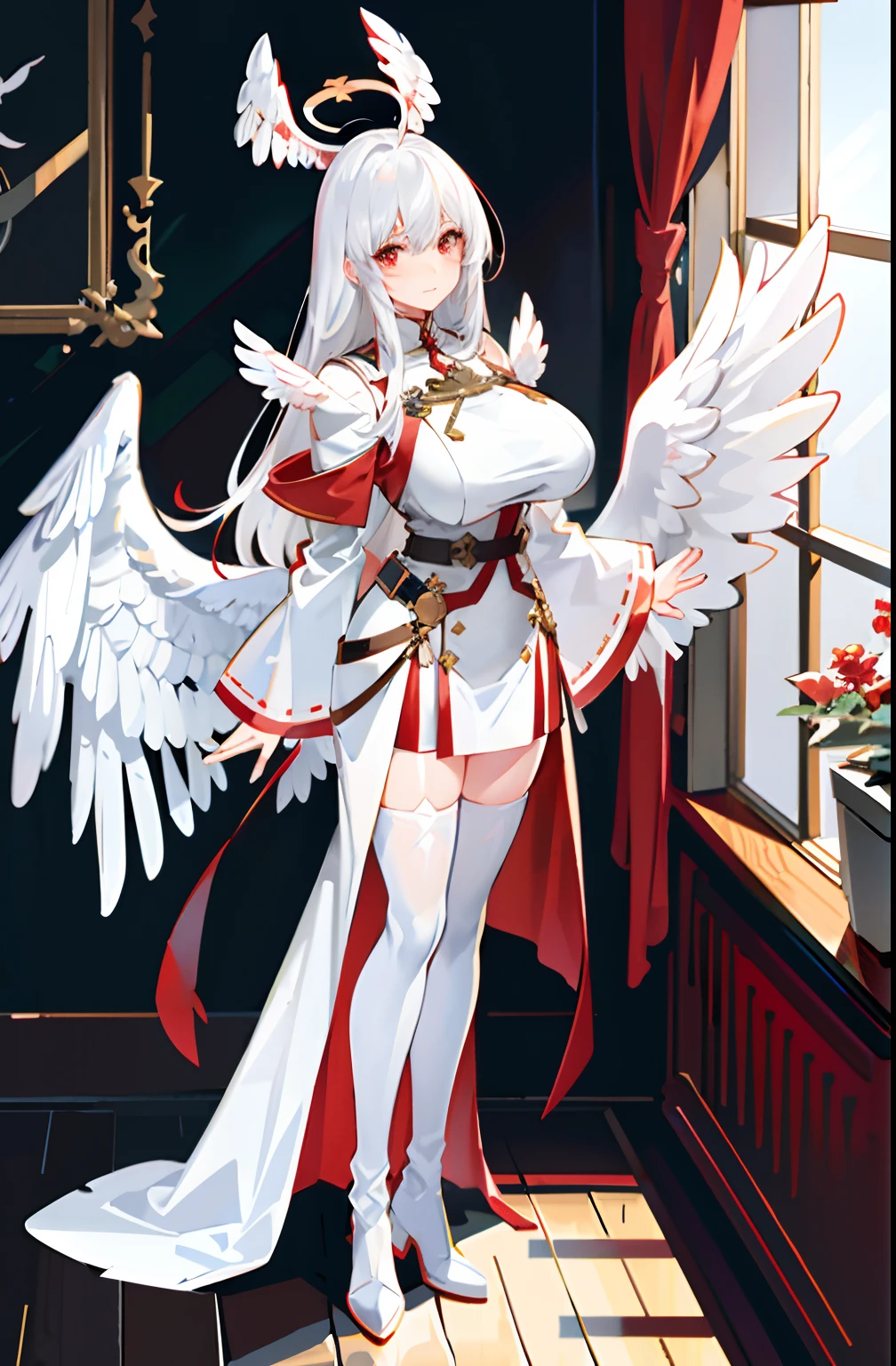 ((Red feather ornaments)), ((((Huge white wings)))), White cloak, White boots, Under the sunlight, (By the window), White hair, bangs, ahoge, Long hair, Halo, Red eyes, Blush, Blush, Light smile, High detail, anime big breast, Chiaroscuro, Ray tracing, shadowing, character sheets, first person perspective, 16k, hyper HD, Masterpiece, High quality, High details, Award-Awarded, Best quality, ccurate, Anatomically correct，correct hand，5 fingers，Dull hair，Suspended red crystal