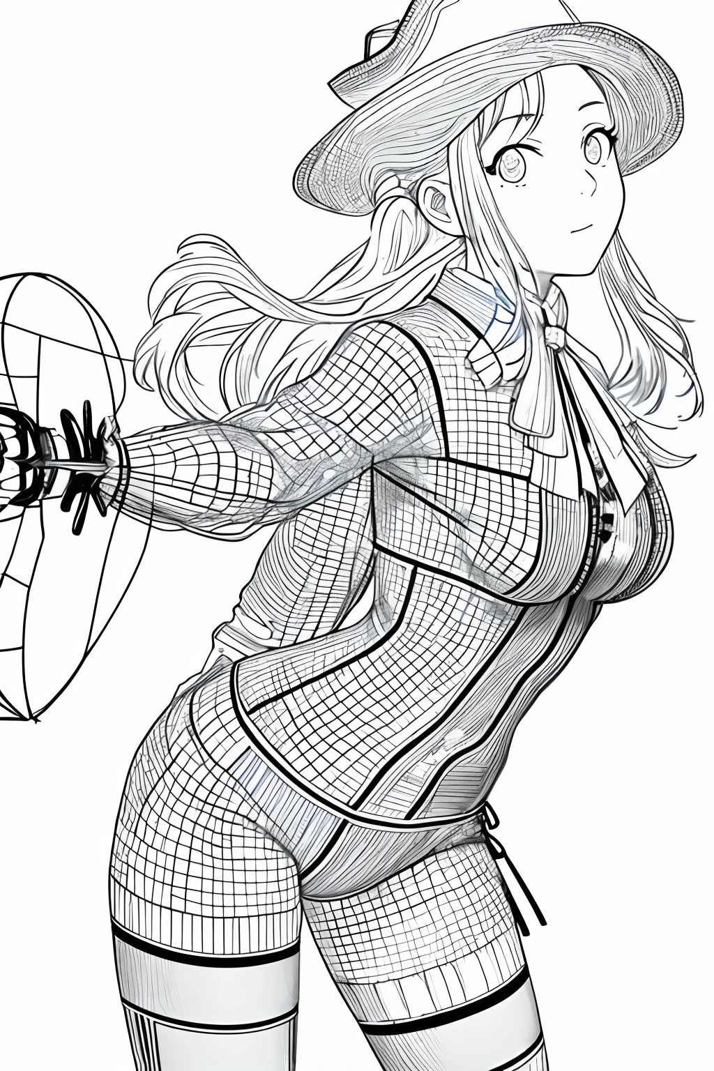 masterpiece, 1girl, cowgirl costum, wide angle view, white background, monochrome, ((wireframe view mode))
