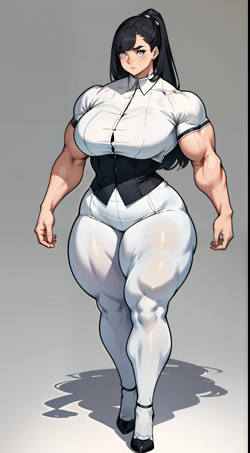 tmasterpiece，finely detailled，Burly woman，Exaggerated large muscles，walking pose，White color blouse，white stockings，high-heels, (Full body like:1.1)，Cute feminine face，adorable big eyes， Single female，Very fair skin，Very broad shoulders, Strong and powerful arms，Stout arms，Strong and powerful leg muscles，thick leg，Very long legs，looking to the camera