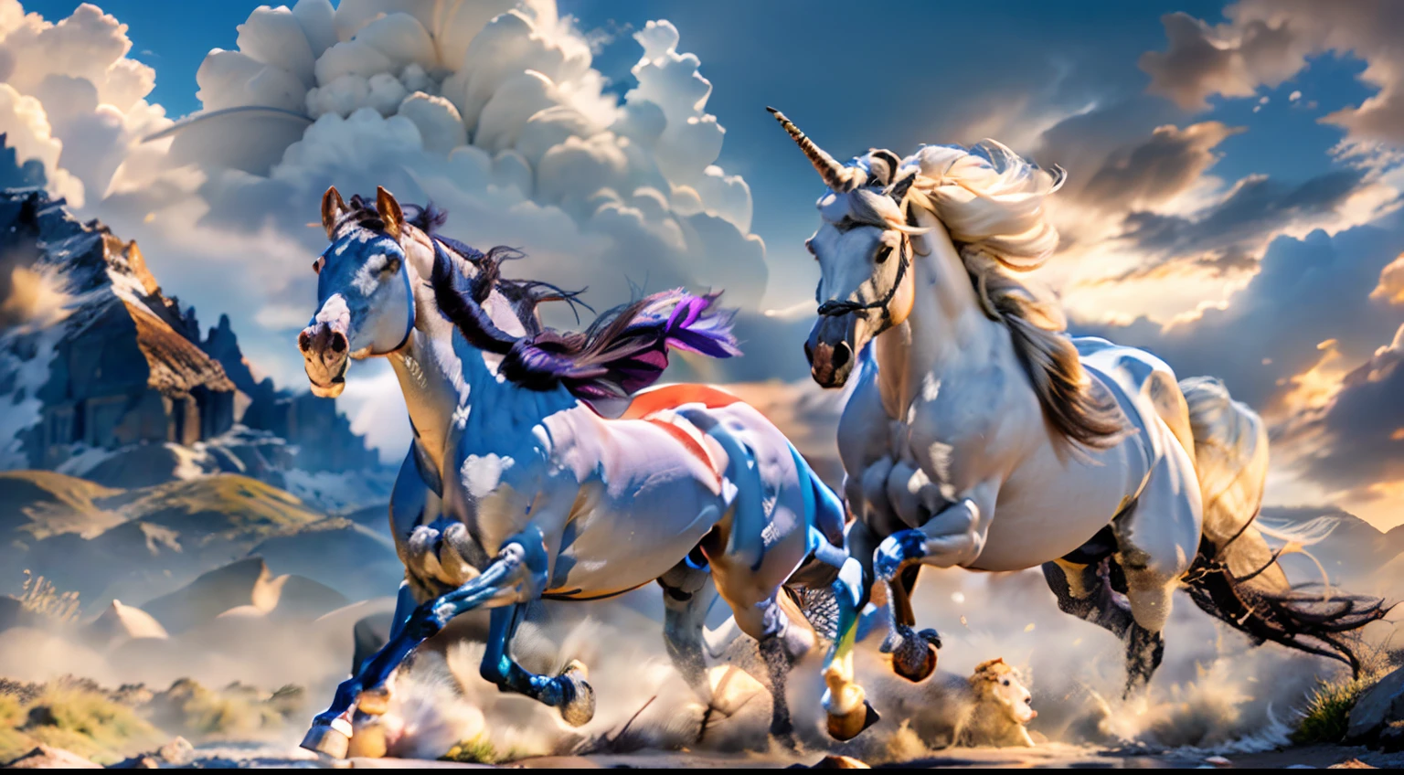 8 horses,A grand spectacle,super wide shot,1#Horse one o'clock pegasus,2#cavalos: Three o'clock elf Ryoma,3#Horse nine o'clock unicorn,4#Horse four o'clock mechanical horse,5#Horse Golden Point Wind Elf Horse,6#Jack Ma had a nightmare when he was seven years old,7#Dial Center Knight,8#The horse randomly enters the Chaos Horse。In a large herd of horses,Extremely special and rare eight horses surround each other,Gallop like a clock across the steppe。The vast plains of the epic scene are rich in aquatic plants,In the distance is the snow-capped Mount Everest,Snow creek flows into the sea,At the other end is the magnificent City of Giants,Horse teams enter and exit the city gates。
The Light Projection Pegasus from Supreme Heaven has a rainbow aperture from Supreme Heaven,She walks between light and purity,No additional ornaments were needed to highlight her dignity and holiness,Even the sky revealed her clear sky,She has a deep hostility to the nightmarish, heavy journey from hell,The two never put their heads next to each other,Surrounded by sulfur flames, Hell uses every hoof of horseback hard, Step on the grass from the lava on the ground,The sky on the steppe is brighter,It makes the earth deeper。
The wind wings of the wind elf horse let its position be erratic,She flicks the cyan aperture with her hand,Always can't help but tease the mechanical horse,The mechanical horse mecha is full of beauty,The shoulder back position always reveals a delicate mechanical fitting,Four feet with hydraulic pump and electromagnetic ejection device。
Unicorns want to steal all the horses from their flawless beauty,But on the side, Fairy Ryoma is being compared to it,Their unique elven-patterned armor and colorful saddles make them the most fashionable horses。
The female knight charges on her knightly warhorse,Her lofty ideals make her unstoppable,No doubt about it,She is the protagonist of this photo。There is also a chaos horse from uncharted territory,It blends together,With an almos