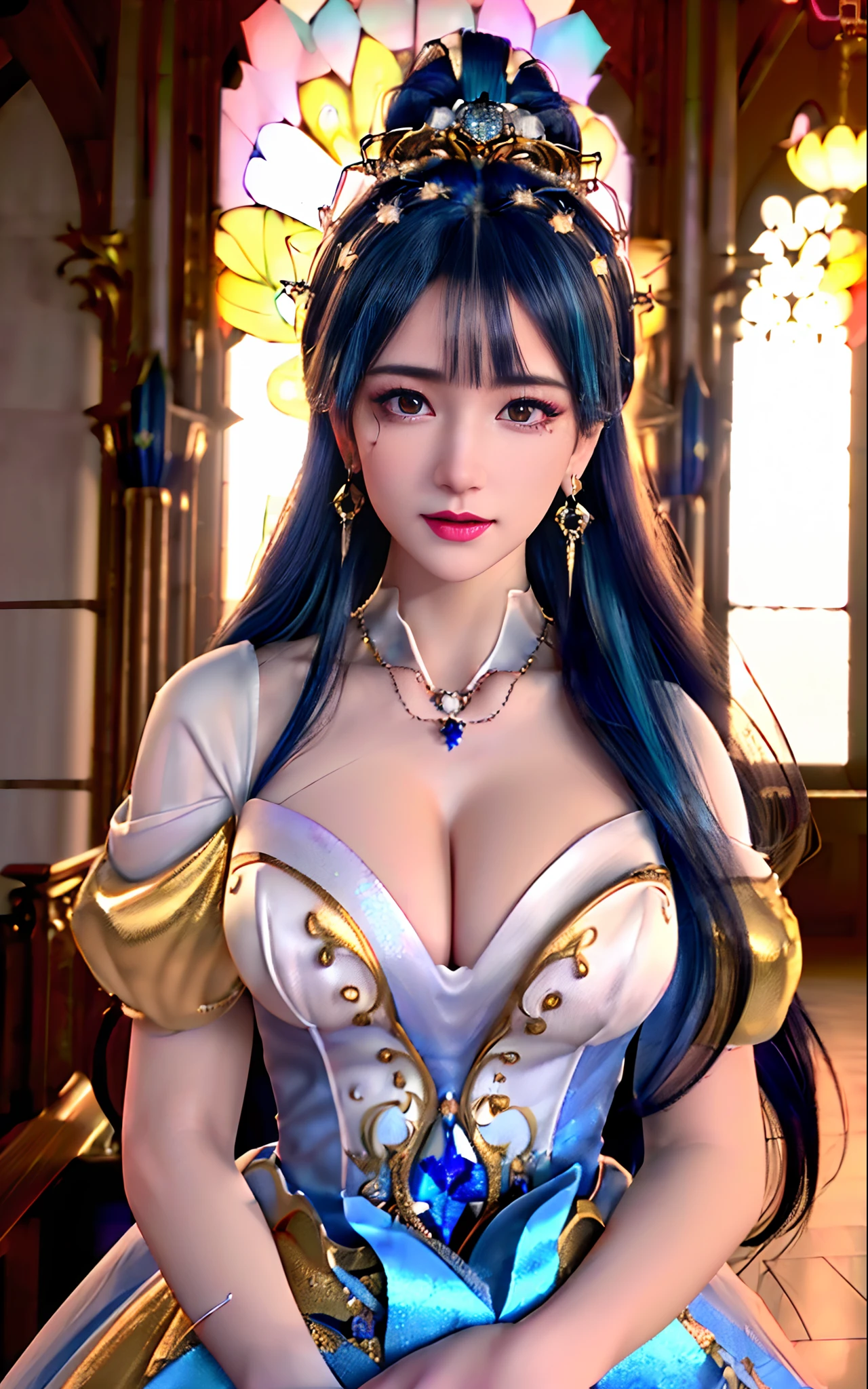 ((realisticity: 1.2)), ((realistic: 8K UHD)), ((best resolution: 8K UHD)), hyper detailed, best quality,masterpiece,highres,cg,
((1 hyper detailed and hyper realistic girl)), ((very beautiful queen dazzling, hyper realistic, and hyper detailed)),((white skin, beautiful, smooth, youthful, hyper realistic and hyper detailed
)), ((Hyper beautiful face, white, hyper realistic and hyper detailed)), long hair, ((hyper realistic and hyper detailed dress)), solo, ((hyper realistic, hyper beautiful, gorgeous and hyper detailed jewelry)), ((hyper beautiful, hyper realistic and hyper detailed dark red and golden yellow dress)),
((Hyper beautiful, hyper realistic, hyper detailed diamond filled earrings)),
((Hyper beautiful, hyper realistic and hyper detailed diamond filled hair ornament)), ((hyper beautiful upper body, hyper beautiful, hyper
realistic and hyper detailed)), ((big breasts: 2.5)),
((Hyper grand, hyper realistic and hyper detailed royal palace backgroun))
((Hyper beautiful, hyper beautiful, hyper realistic and hyper detailed hair bun)), ((hyper beautiful, hyper realistic and hyper detailed blue hair)),
candid, Photograph, high resolution, 8k,Bokeh,
