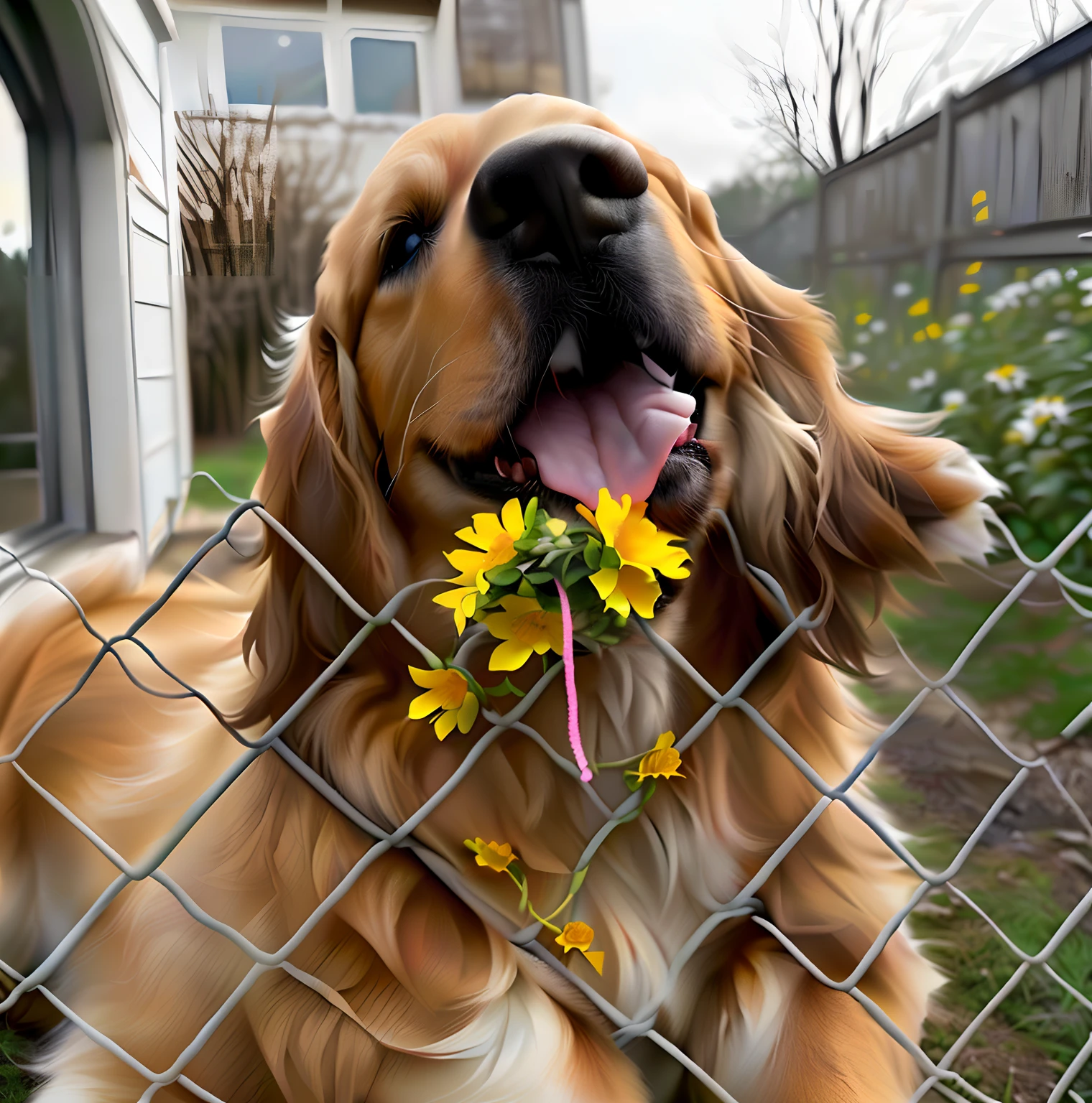 There was a dog sitting behind the fence，With flowers in his mouth, picking up a flower, Daisies, flowers on the cheeks of the heir, Flowers around, flower child, happy dog, With flowers, covered in flowers, Golden Retriever, portrait shooting, sitting with flowers, flower, a still of a happy, with yellow flowers around it, close up portrait shot, flower power