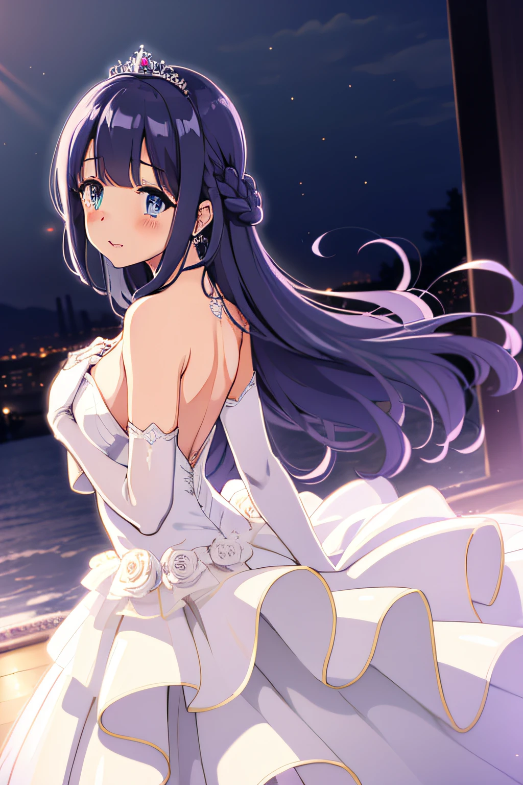 (((Best quality))), ((Ultra-detailed)), ((illustration)), ((Disheveled hair)), ((frilld)), (1 girl),(Solo)，
Wedding princess dress,