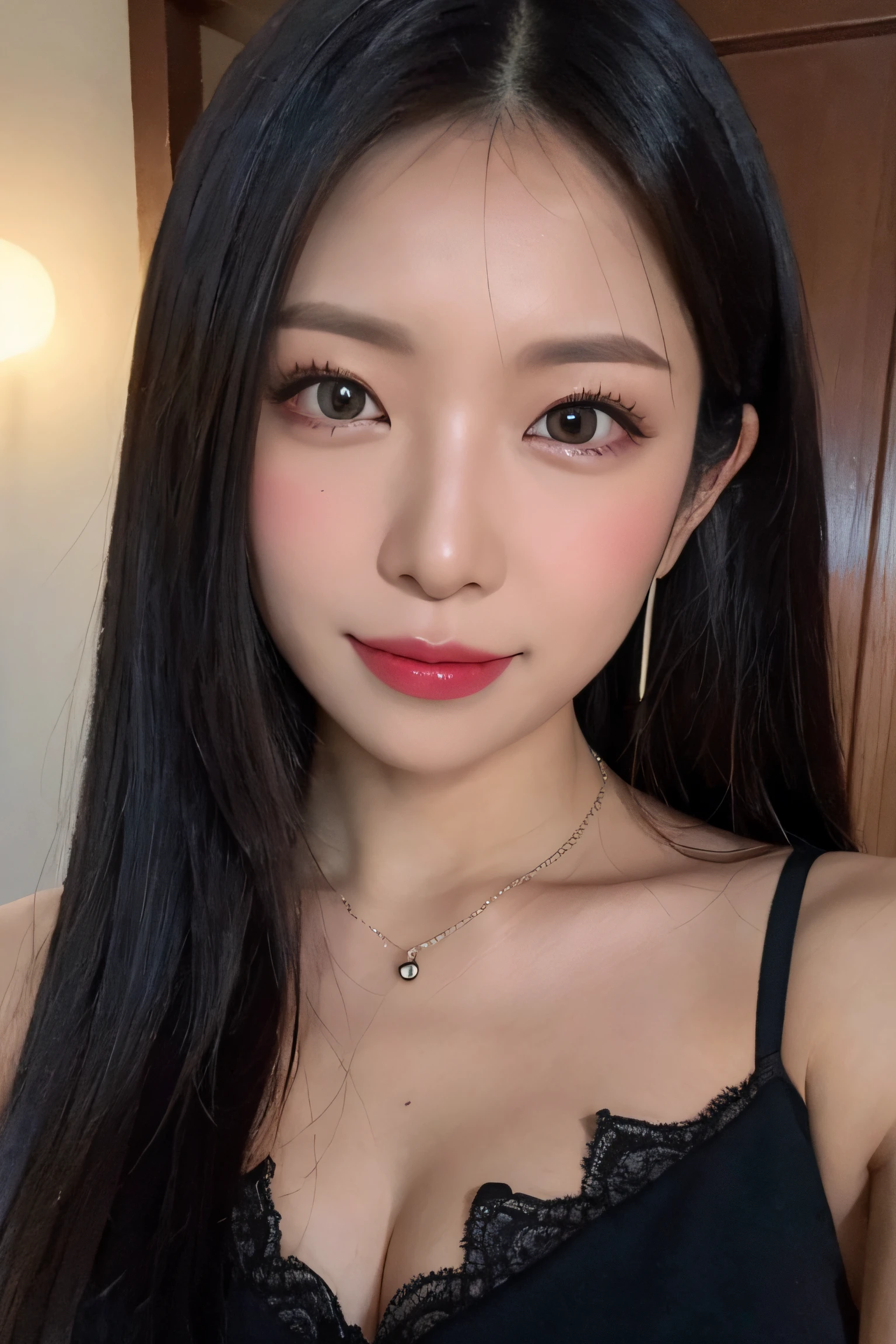 a woman,1 girl,black hair, hair bobbles, longeyelashes, solid circle eyes, light smile, mole under eye, piercing, light smile, shy, puckered lips, Surrealism, drop shadow, stereogram, pov, atmospheric perspective, depth of field, first-person view, f/1.8, 8k, super detail, ccurate, best quality, highres, best quality,full body,professional lighting,moonlight,evening,beach,necklace,race queen