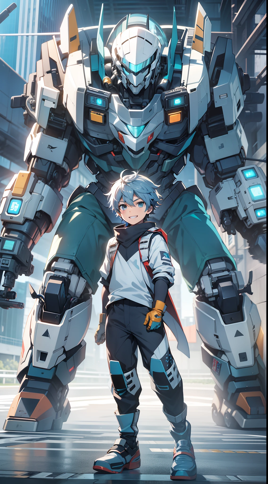 Game CG,8K quality,((younge boy)),Sense of childhood,Anime male protagonist,Mecha communication headset,Toothy smile,Fang,Silver and blue unibody mech set,Armoured gloves,Racing boots,driver,Lively,Running,Full body like