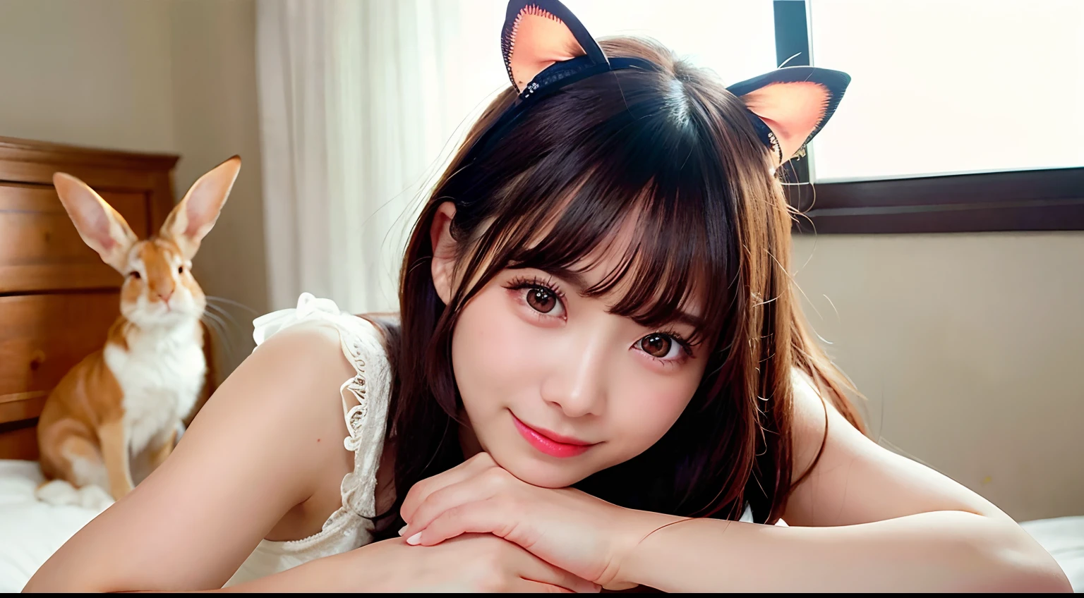 (RAW Photography:1.2)、top-quality、a beautiful detailed girl、bunnygirl、a smile、extremely detailed eye and face、beatiful detailed eyes、huge filesize、hight resolution、hight resolution、8k wallpaper、finely detail、Highly detailed ticker uniform 8k wallpaper、Light on the face、电影灯光、16-year-old girl、sexy pose、(photorealisim:1.4)、illustratio、surrealism、 frombelow、super detailing、masterpiece、fishnets pantyhose、Lying in bed
