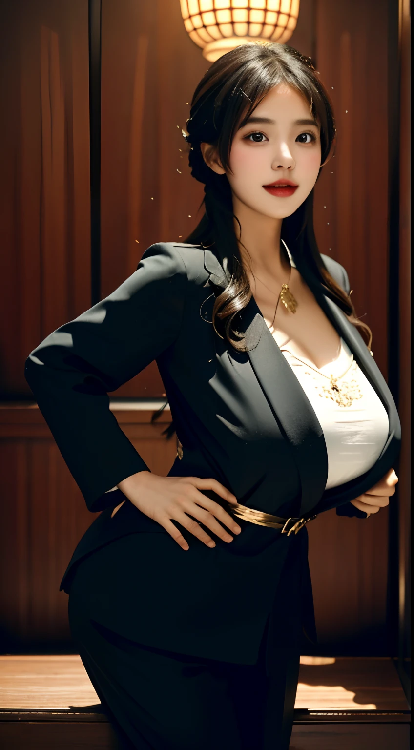 （A little **** ***********），Short girl，（Immature Slightly thin face），（Super swollen: Exaggerated scale: Swelling, Huge chest，super gigantic breasts），（Full clothing supported by breasts），（Plump clothing is supported by breasts），long whitr hair，（Wear a black women's suit），showing waist，office backdrop，Pose，Do difficult moves，Adopt a variety of sports positions，Pure temperament，ssmile，perfect  eyes, perfect hand，超高分辨率, Movie Angle, Professional lighting, best qualtiy, tmasterpiece, Perfect focus，Background bokeh，realisticlying，Ultra-high ress fabric texture，8k eye details，8K pupils，