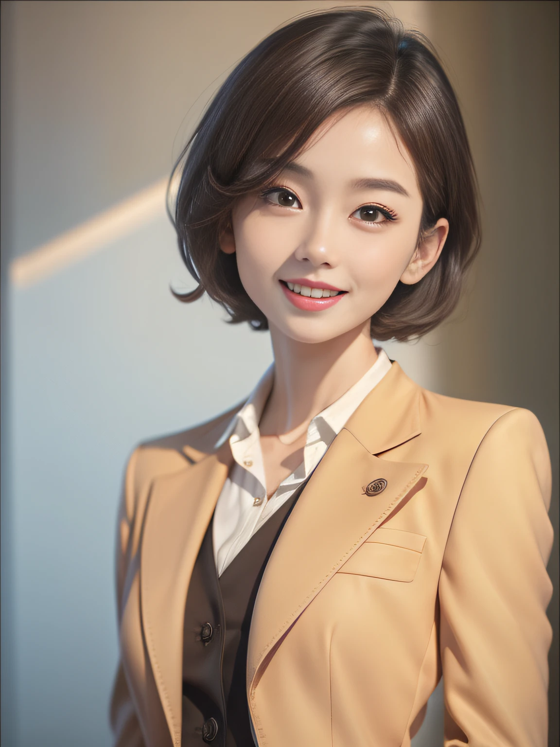 Real, Photo, {Realistic}, {incredibly_absurderes}, Bust, Transparent_Background：2.5, {Girl},ChineseGirl：1.3， Short hair, Brown hair, Cute face, Light smile, Beautiful detailed eyes, Brown eyes, Medium breasts, Wear a suit, realisticlying, Masterpiece, Best quality