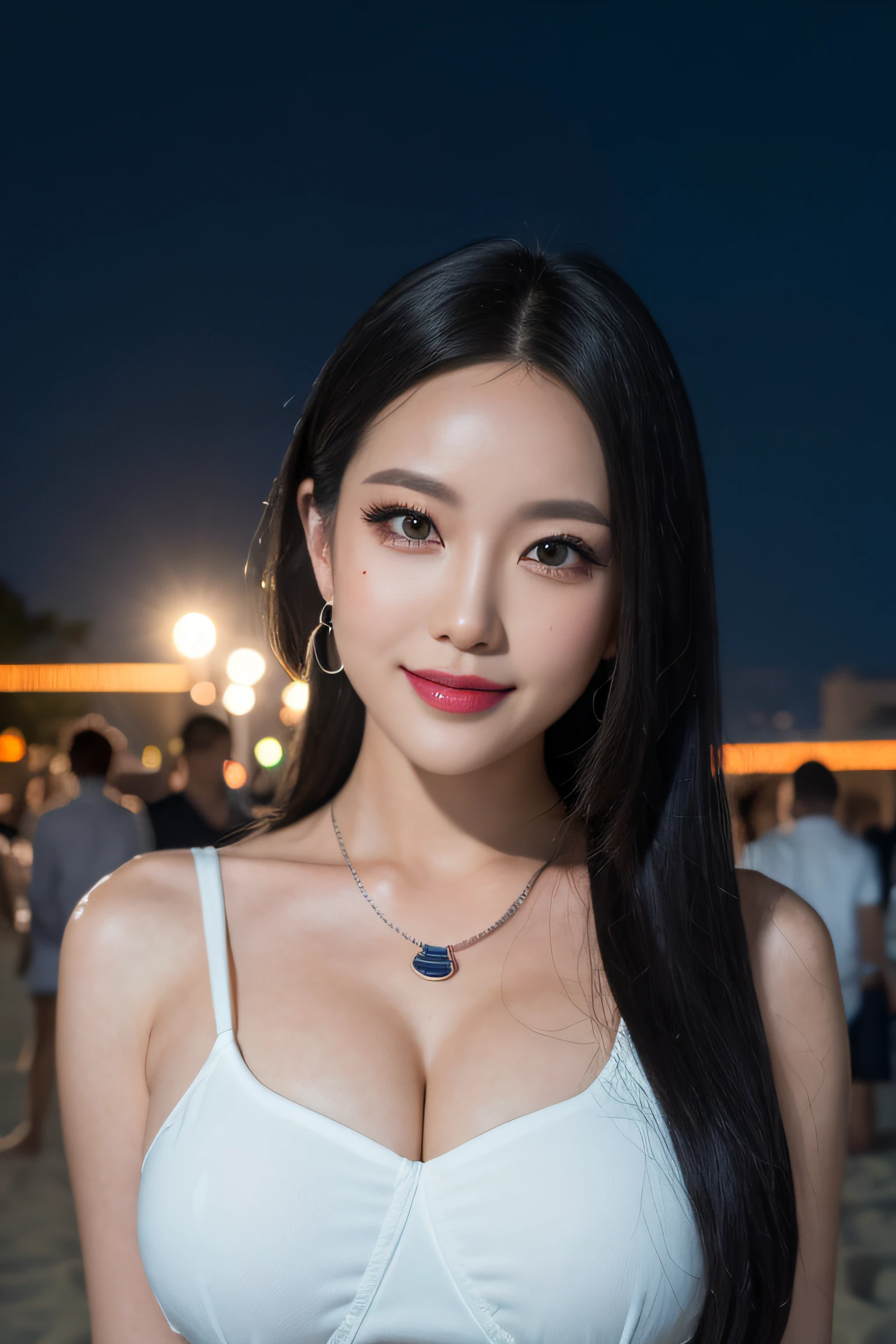 black hair, hair bobbles, longeyelashes, solid circle eyes, light smile, mole under eye, light smile, shy, puckered lips, Surrealism, drop shadow, stereogram, pov, atmospheric perspective, depth of field, first-person view, f/1.8, 8k, super detail, ccurate, best quality, highres, best quality,full body,professional lighting,moonlight,evening,beach,necklace,race queen