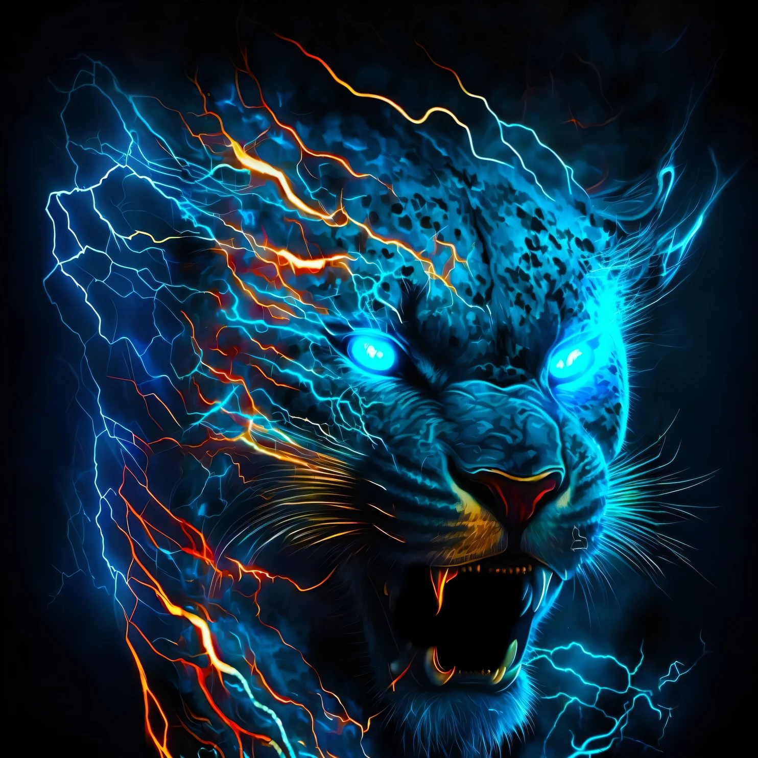 Close-up of a leopard,Lightning came out of the mouth, roaring blue lion. Majestic, amazing wallpapers, electric wallpaper, fierce expression 4k, phone wallpaper hd, beautiful neon cats, hd phone wallpaper, bluefire!, blue fire powers, electrified, On the blue flame, wallpaper hd, Electric storm, bluefire, amoled wallpaper, emerging from blue fire