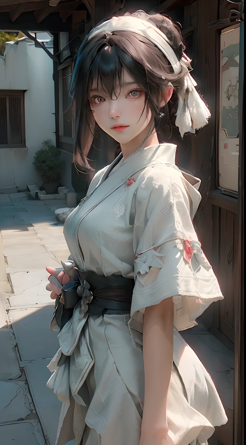 ((top-quality)), ((masterpiece)), (detaileds:1.4), 3D, The image of a beautiful Japan woman,nffsw(HighDynamicRange),Ray traching,NVIDIA RTX,Hyper-Resolution,Unreal 5,Sub-surface scattering,PBR Texturing,Postprocess,Anisotropy Filtering,depth of fields,Maximum clarity and sharpness,multi-layer texture,Albedo and specular maps,Surface Shading,Accurate simulation of light-material interactions,perfectly proportions,Octane Rendering,Two-tone lighting,Wide aperture,Low ISO、White Balance、thirds rule、8K Raw、Red ribbon on black hair、hand armor、Hakama