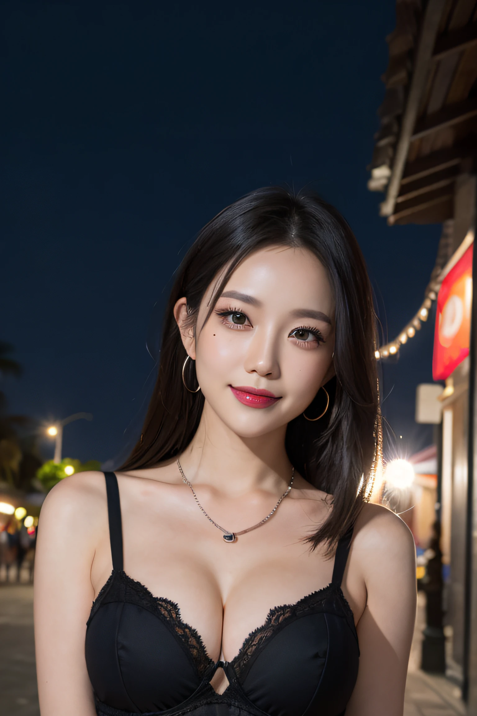 black hair, hair bobbles, longeyelashes, solid circle eyes, light smile, mole under eye, light smile, shy, puckered lips, Surrealism, drop shadow, stereogram, pov, atmospheric perspective, depth of field, first-person view, f/1.8, 8k, super detail, ccurate, best quality, highres, best quality,full body,professional lighting,moonlight,evening,beach,necklace,race queen,fold your arms behind head:1.5,upper body,