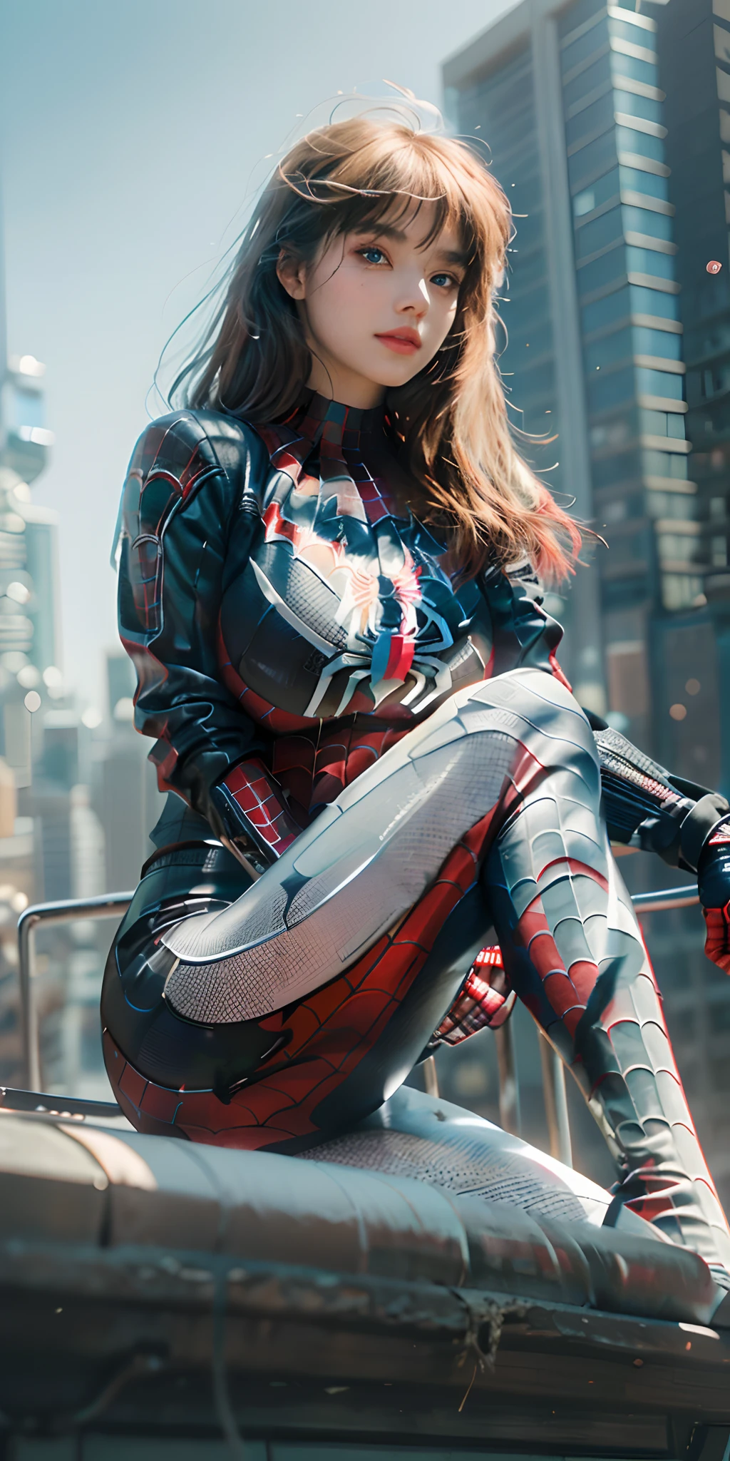 (1girl:1.3), solo, ((very detailed face)))), ((very detailed eyes and face))), beautiful detail eyes, body parts__, official art, unified 8k wallpaper, super detailed, beautiful and beautiful, beautiful, masterpiece, best quality, original, masterpiece, super fine photo, best quality, super high resolution, realistic realism, sunlight, full body portrait, amazing beauty, dynamic pose, delicate face, big breast, vibrant eyes, (from the front), she is wearing a Spider-Man suit, red and black color scheme, spider, very detailed city roof background, rooftop, overlooking the city, detailed face, detailed complex busy background, messy, gorgeous, milky white, highly detailed skin, realistic skin details, visible pores, clear focus, volumetric fog, 8k uhd, DSLR, high quality, film grain, fair skin, photo realism, lomography, futuristic dystopian giant metropolis, translucent