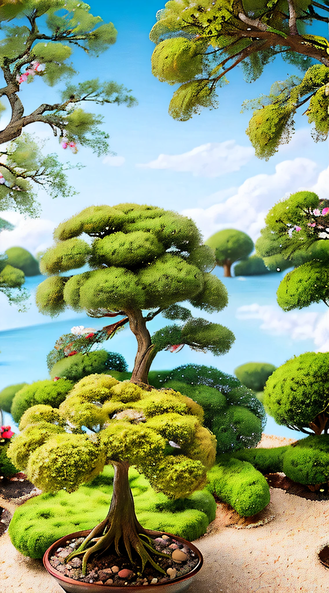 Miniature bonsai landscape with dolls above