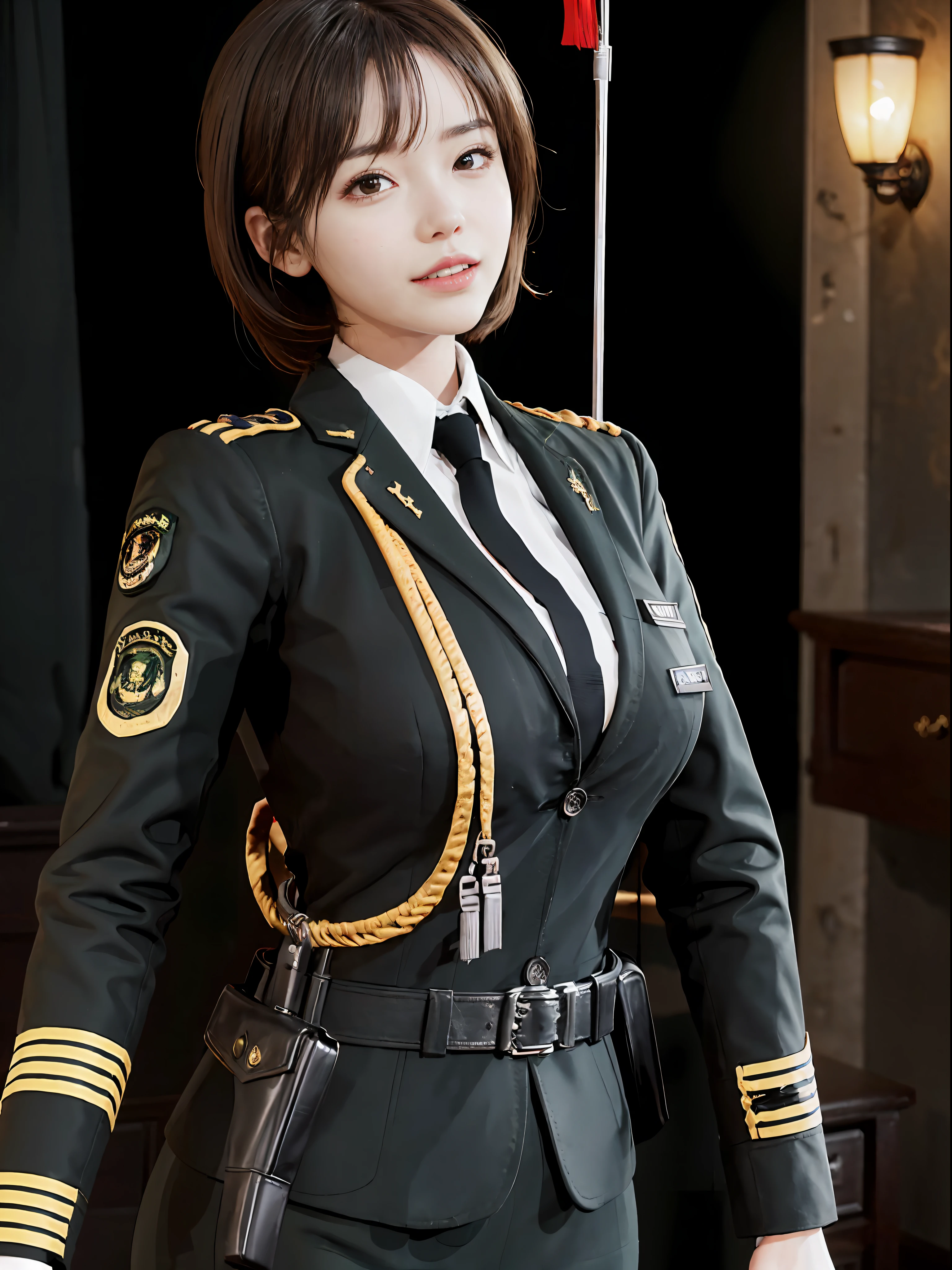 Very detailed CG unity 8K wallpaper，（tmasterpiece），（best qualtiy），（ultra - detailed），（Ultra photo realsisim），（best character detail：1.36），Nikon D750 f / 1.4 55mm，profesional lighting， physically-based renderingt, 1girll, Female soldier，army suit，Dark green military uniform，Fabric texture military uniform，Pure white lining，Dark green tie，Black hair，the golden ratio,[:(com rosto detalhado:1.2):0.2]:,PureErosFace_V1, broad shoulder,(Bigchest:1.5),(big assa:1.5)，Soaked with sweat，red flags，In the square，Splendid scenery，bright sun，upper body photos，Place your hands on your chest，  Small flag，Flag of China，Night Street，lighting，Contre-Jour，Bright smile，White teeth，