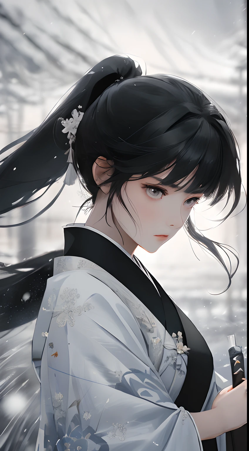 a beauti，Hold a knife in your hand，The knife is in front of you，Gorgeous light gauze Hanfu，Angry expressions，Separate bangs，Raise an eyebrow，Ponytail hairstyle，snowflakes falling，fightingpose，dynamic blur，Detailed representation，8k
