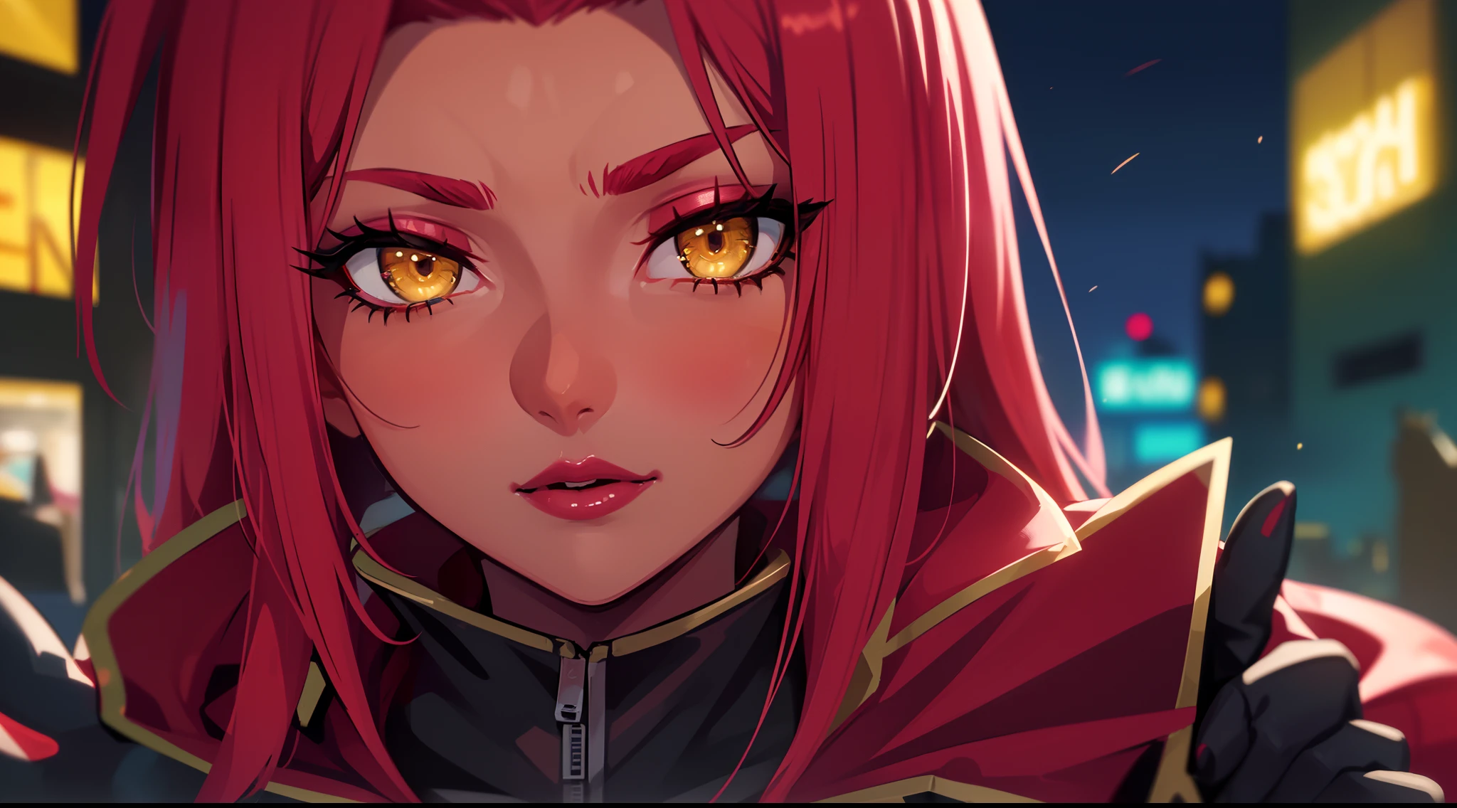 (highres, high quality:1.2), intricate details, cinematic lighting, sharp focus, depth of field, Ingrid, 1girl, mature female, (dark-skinned female:1.1), dark skin, ((close-up face)), (looking at viewer, cityscape, night, city light, determined, pink red hair, very long hair, hair intakes, makeup, lipstick, (mole under mouth:0.8), eyelashes, yellow eyes, detailed face, helloutfit, red cape, black (turtleneck:1.1), (underboob:1.1), black elbow gloves, (coattails:1.1), revealing clothes, center opening, (multicolored clothes:1.1) midriff, natural large breasts,