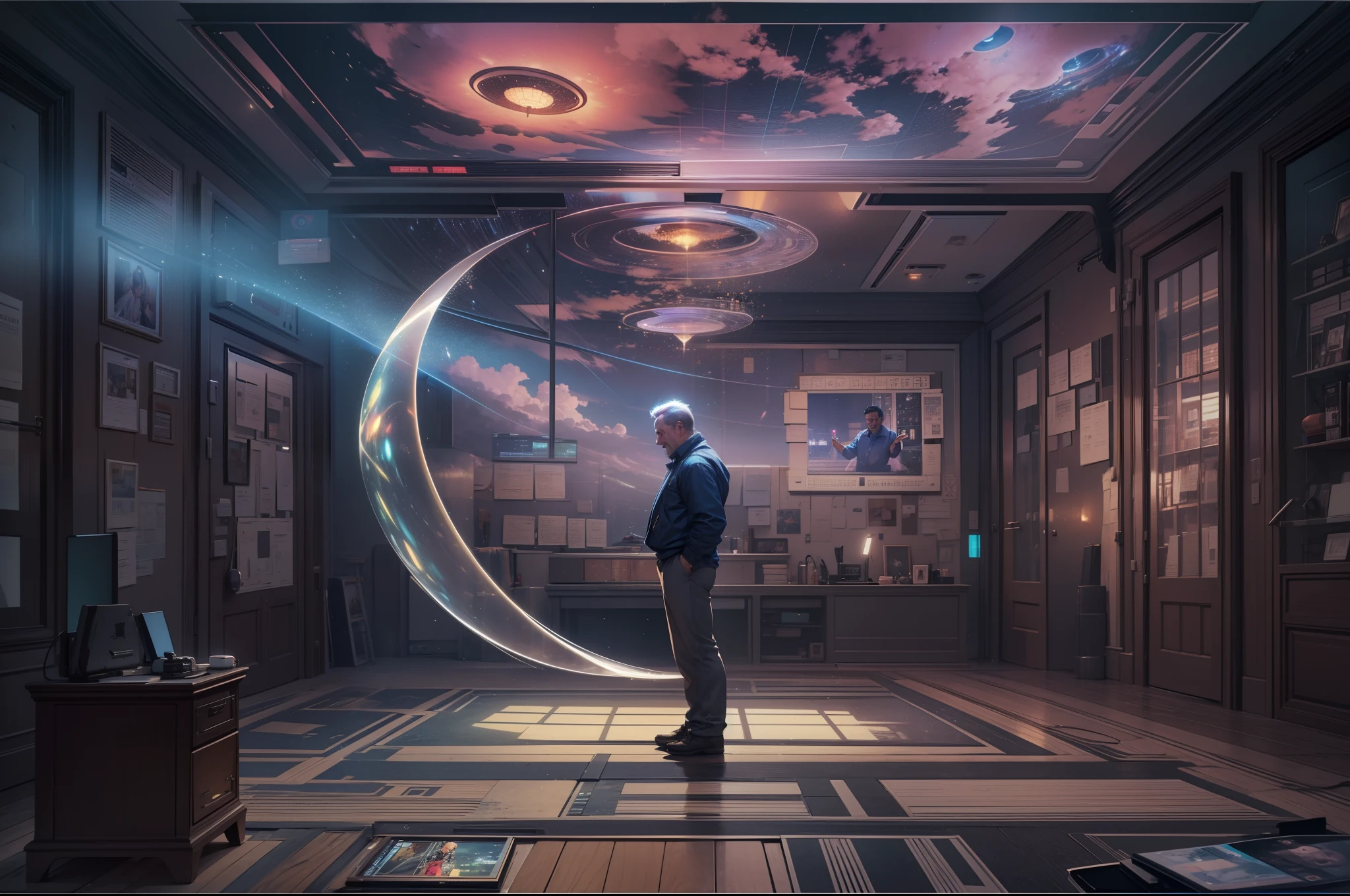 A middle-aged man,A meter-high holographic projection circled him like film,He looked excitedly at the memory screen played above,Realistic photos, inside in room, ultra - detailed,