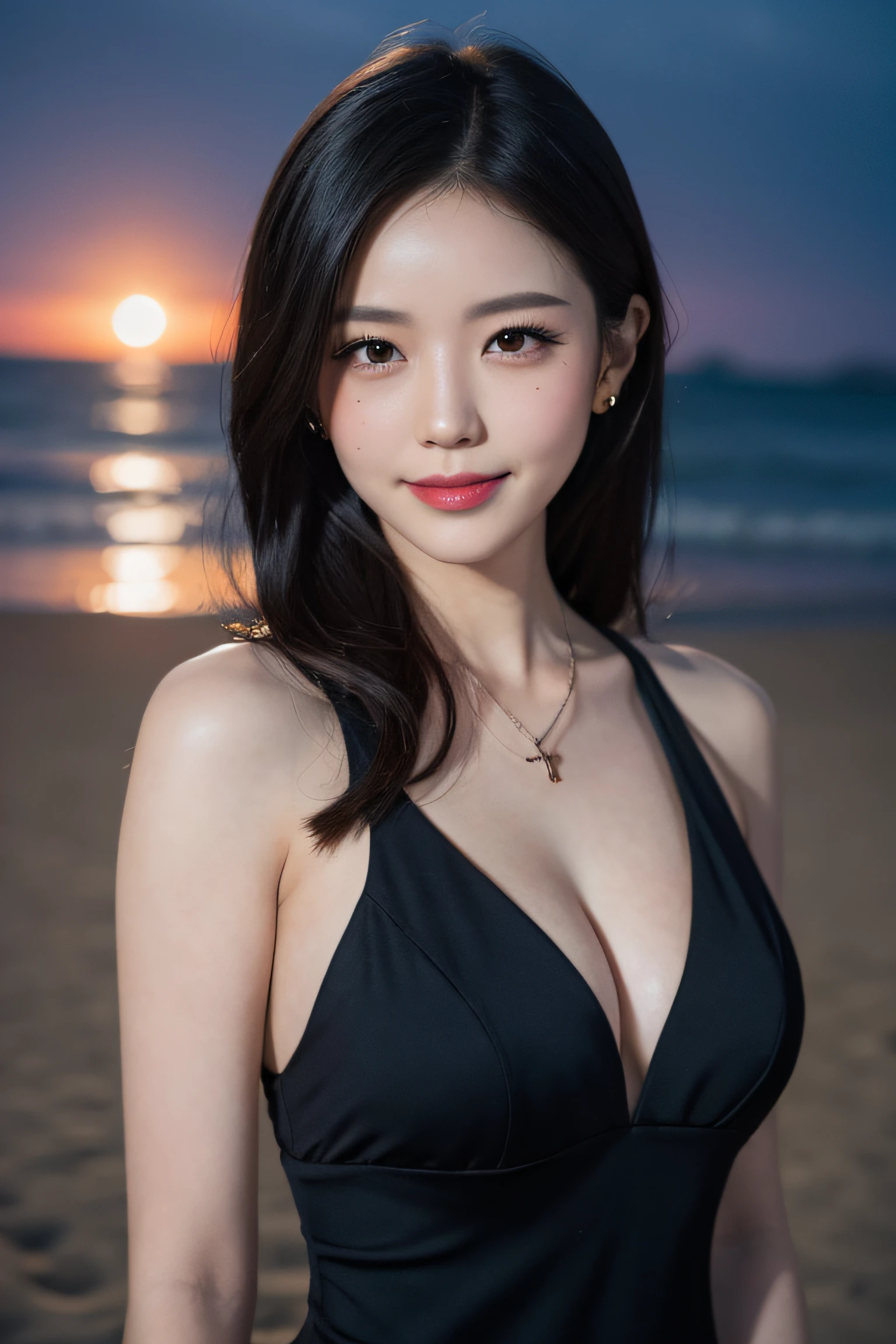 1 woman,black hair, hair bobbles, longeyelashes, solid circle eyes, light smile, mole under eye, light smile, shy, puckered lips, Surrealism, drop shadow, stereogram, pov, atmospheric perspective, depth of field, first-person view, f/1.8, 8k, super detail, ccurate, best quality, highres, best quality,full body,professional lighting,moonlight,evening,beach,necklace,race queen,fold your arms behind head:1.5,upper body,black dress,