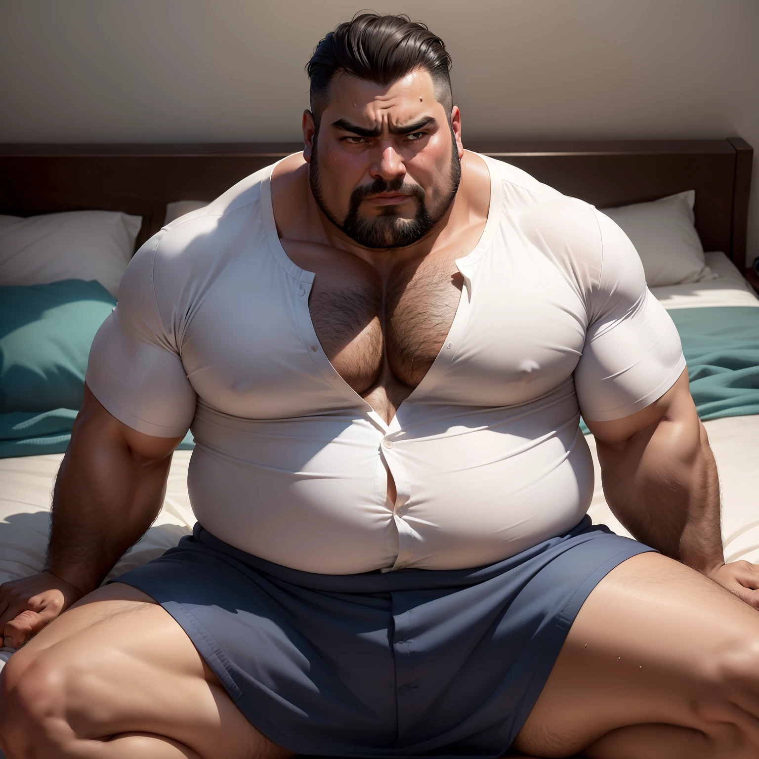 Local middle-aged elegant giant uncle,Male uncle,National character face,The eyebrows are thick and dark,largeeyes,Dark skin,It looks very humble,Body obesity,potbelly,Strong chest,There is chest hair,I also wore a long tie,The upper body is wearing a dark blue shirt,The neckline was ripped open,The shirts were all unbuttoned,Expose pectoral muscles and big belly,legs are open,Raise your legs,Butt forward,The footboard can be seen,The lower body is wrapped in a white bath towel,Sit on the bed,full of sweat,Covered in sweat,The expression is shy,Ruddy face