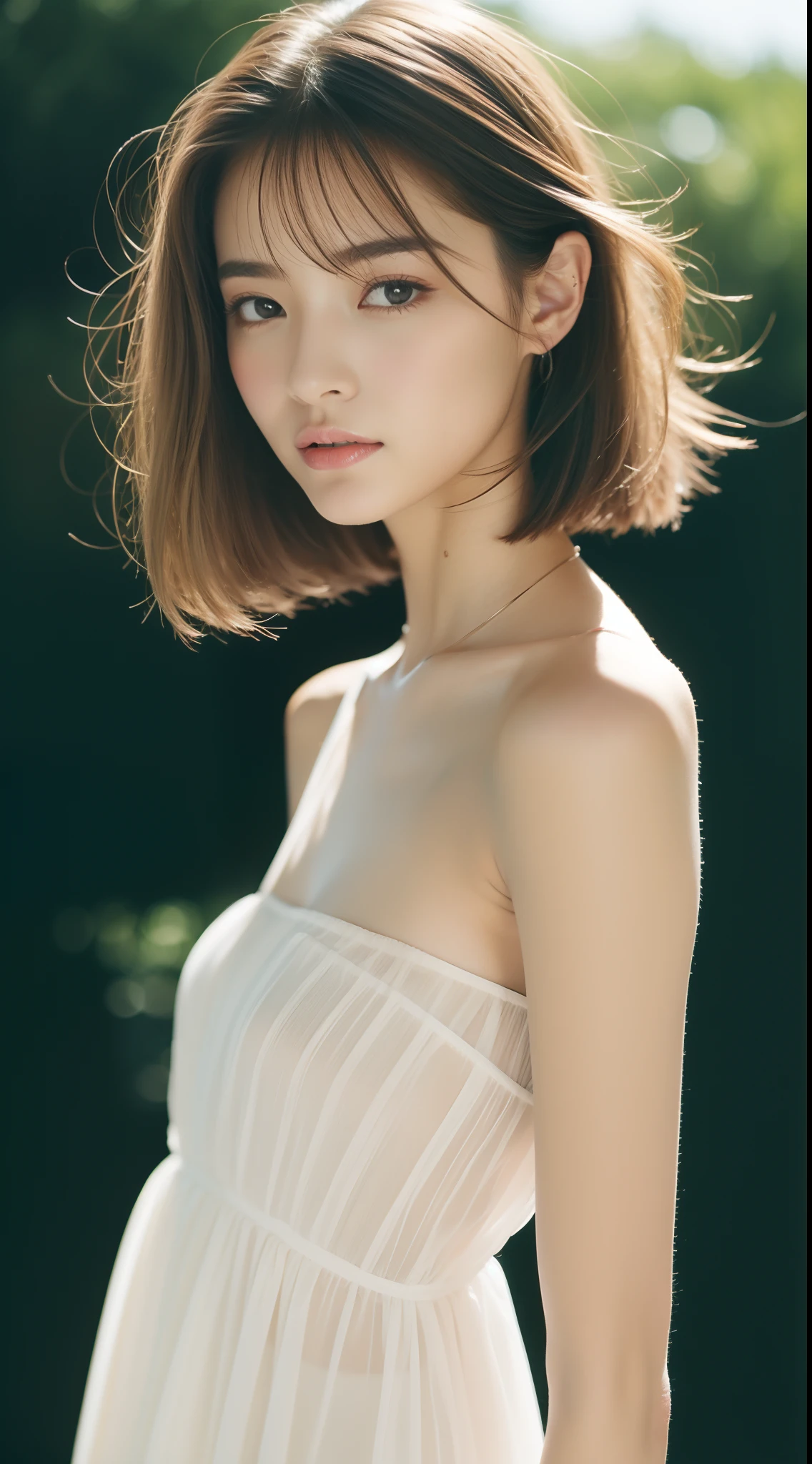 top Quority,Ultra-clear resolution,Gloss on lips,Glossy glossy skin,Clean collarbone,s the perfect face,Bandeau dress short,beautifullegs,Random environment