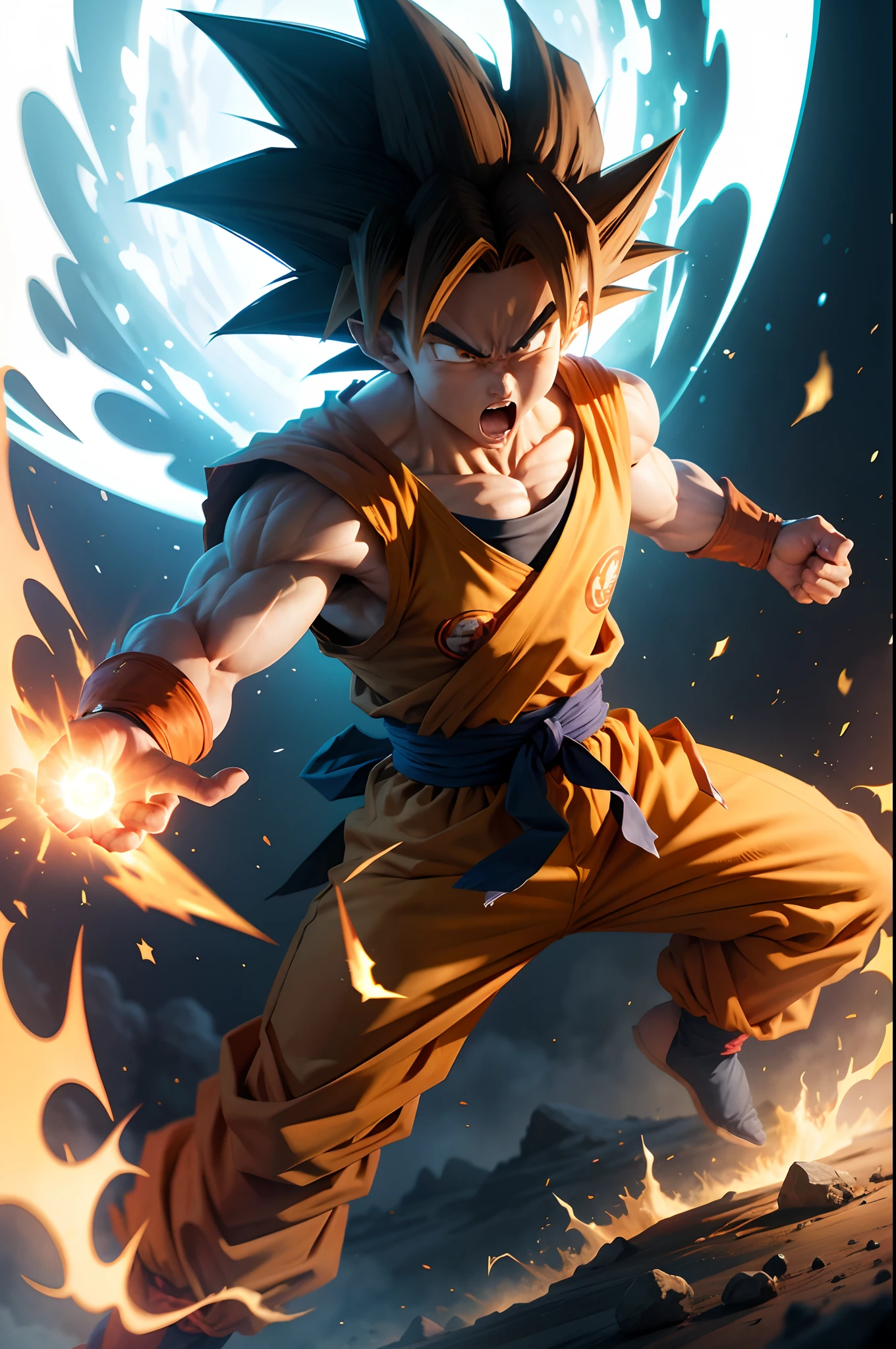 Goku, 1man, super saiyan, fighting pose, normal hand,