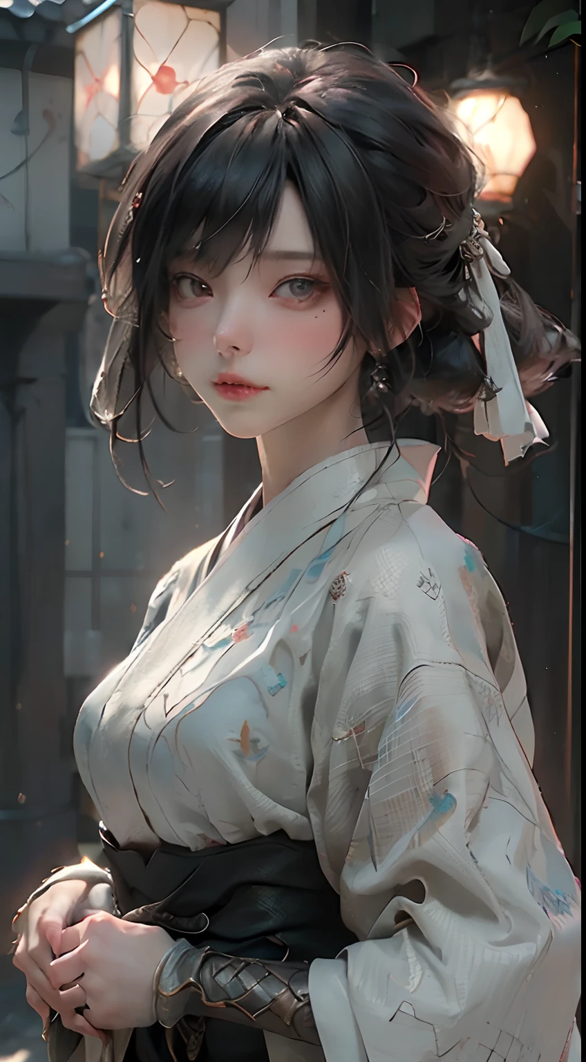 ((top-quality)), ((masterpiece)), (detaileds:1.4), 3D, Image of beautiful Japan woman,HDR(HighDynamicRange),Ray traching,NVIDIA RTX,Hyper-Resolution,Unreal 5,sub-surface Scattering,PBR Texturing,Postprocess,Anisotropy Filtering,depth of fields,Maximum clarity and sharpness,multi-layer texture,Albedo and specular maps,Surface Shading,Accurate simulation of light-material interactions,perfectly proportions,Octane Rendering,Two-tone lighting,Wide aperture,Low ISO、White Balance、thirds rule、8K RAW、A dark-haired、Red ribbons、hand armor、hakama