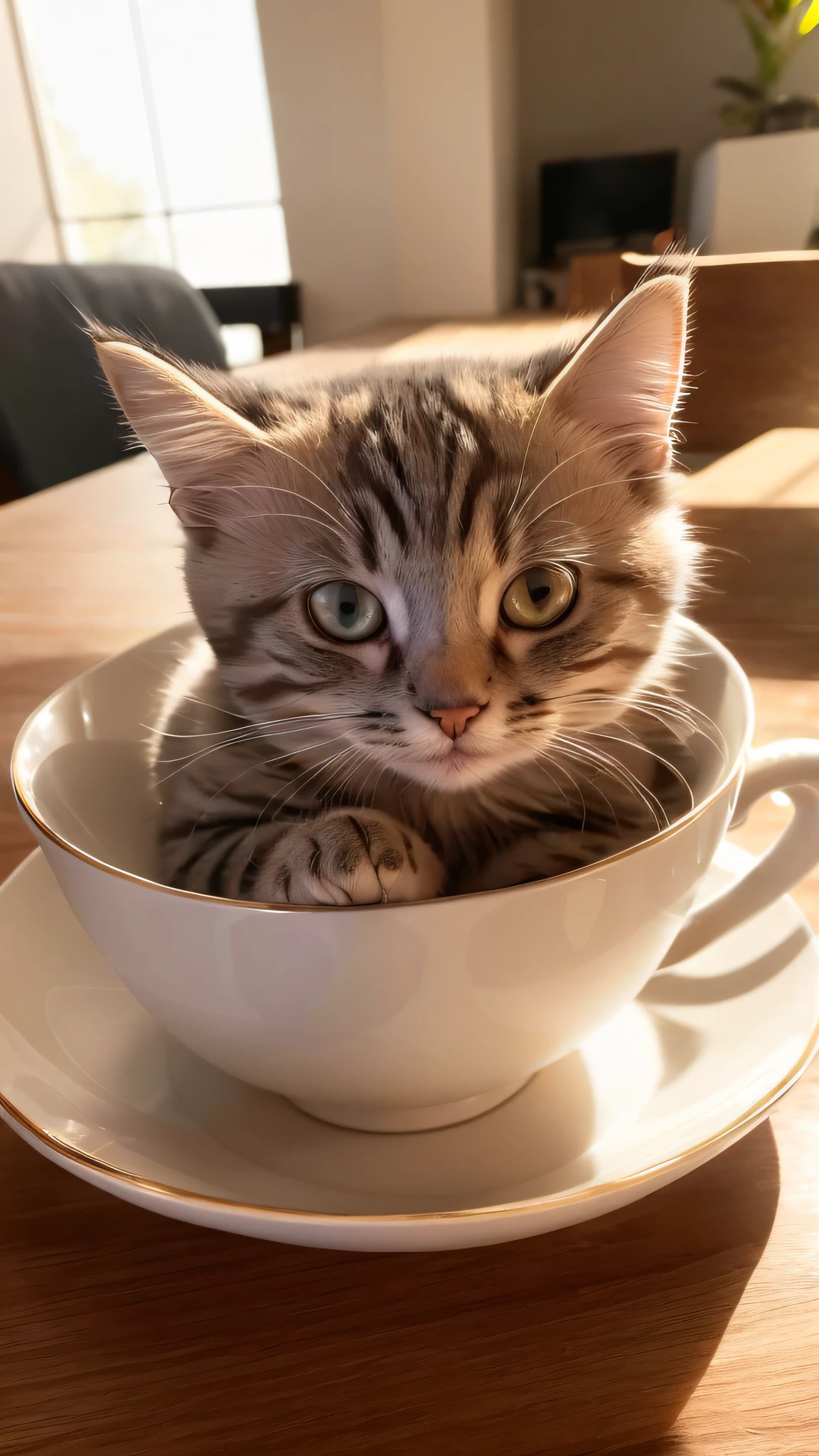 Cat, (Himalayan), (Small)))), in a teacup, Face, Front paws out, 8K, Professional photo, Delicate, Clear, On the table, Inside the house, Sunshine, Light Leak, Masterpiece, ((Pretty))), Fashionable Teacup, (Reality), Plush Toy, Round Pupils
