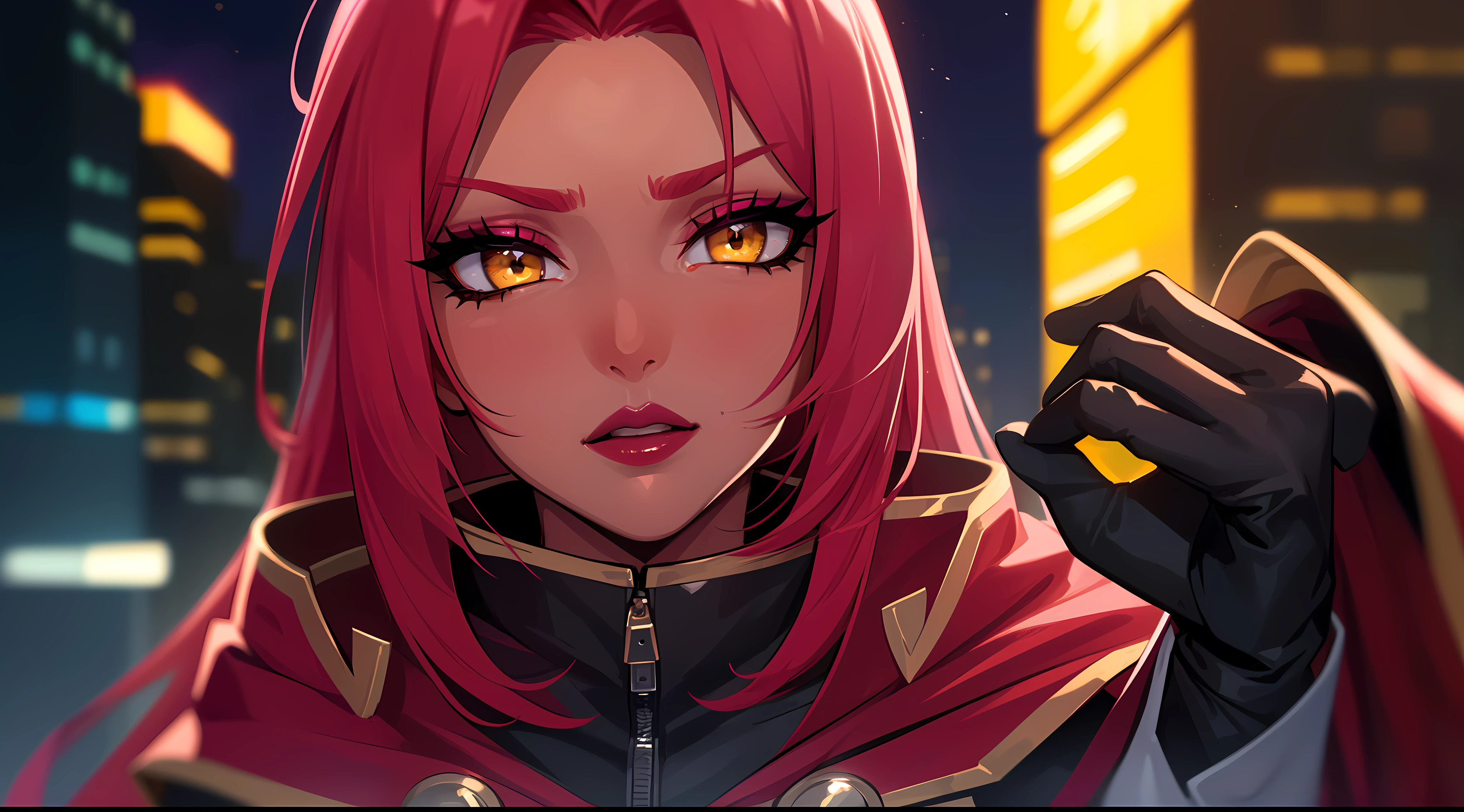 (highres, high quality:1.2), intricate details, cinematic lighting, sharp focus, depth of field, Ingrid, 1girl, mature female, (dark-skinned female:1.1), dark skin, ((close-up face)), (looking at viewer, cityscape, night, city light, determined, pink red hair, very long hair, hair intakes, makeup, lipstick, (mole under mouth:0.8), eyelashes, yellow eyes, detailed face, helloutfit, red cape, black (turtleneck:1.1), (underboob:1.1), black elbow gloves, (coattails:1.1), revealing clothes, center opening, (multicolored clothes:1.1) midriff, natural large breasts,