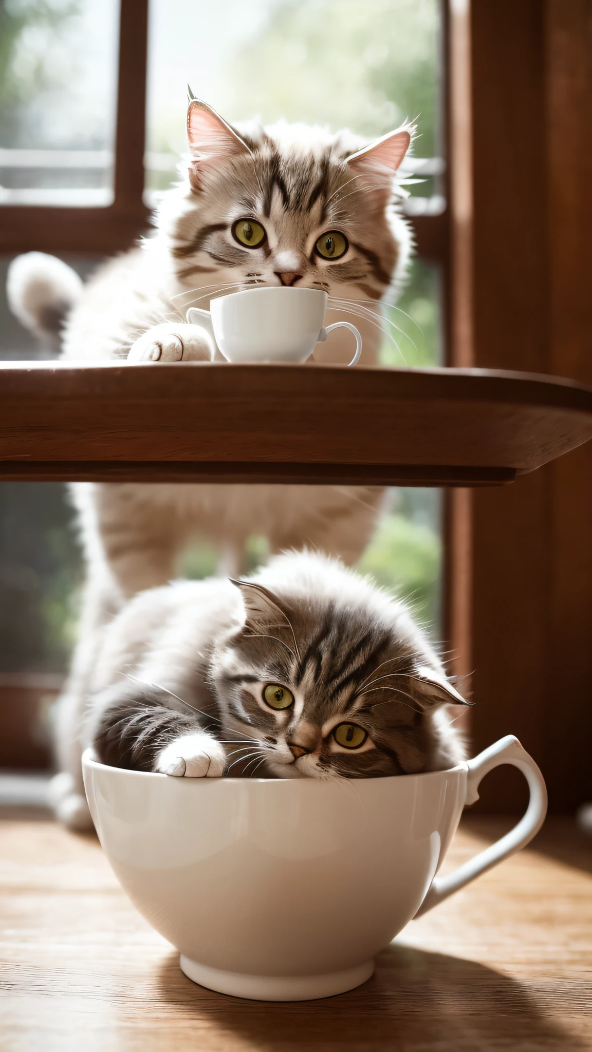 Cat, (Himalayan), (Small)))), in a teacup, Face, Front paws out, 8K, Professional photo, Delicate, Clear, On the table, Inside the house, Sunshine, Light Leak, Masterpiece, ((Pretty))), Fashionable Teacup, (Reality), Plush Toy, Round Pupils