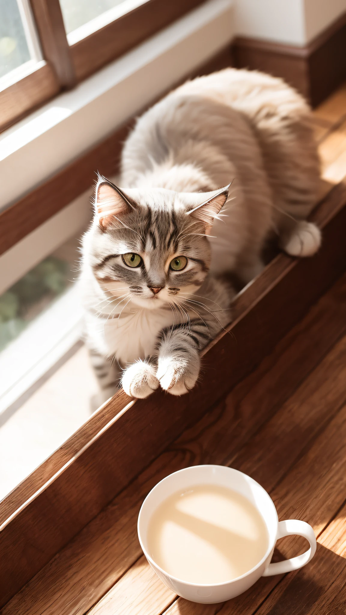Cat, (Himalayan), (Small)))), in a teacup, Face, Front paws out, 8K, Professional photo, Delicate, Clear, On the table, Inside the house, Sunshine, Light Leak, Masterpiece, ((Pretty))), Fashionable Teacup, (Reality), Plush Toy, Round Pupils