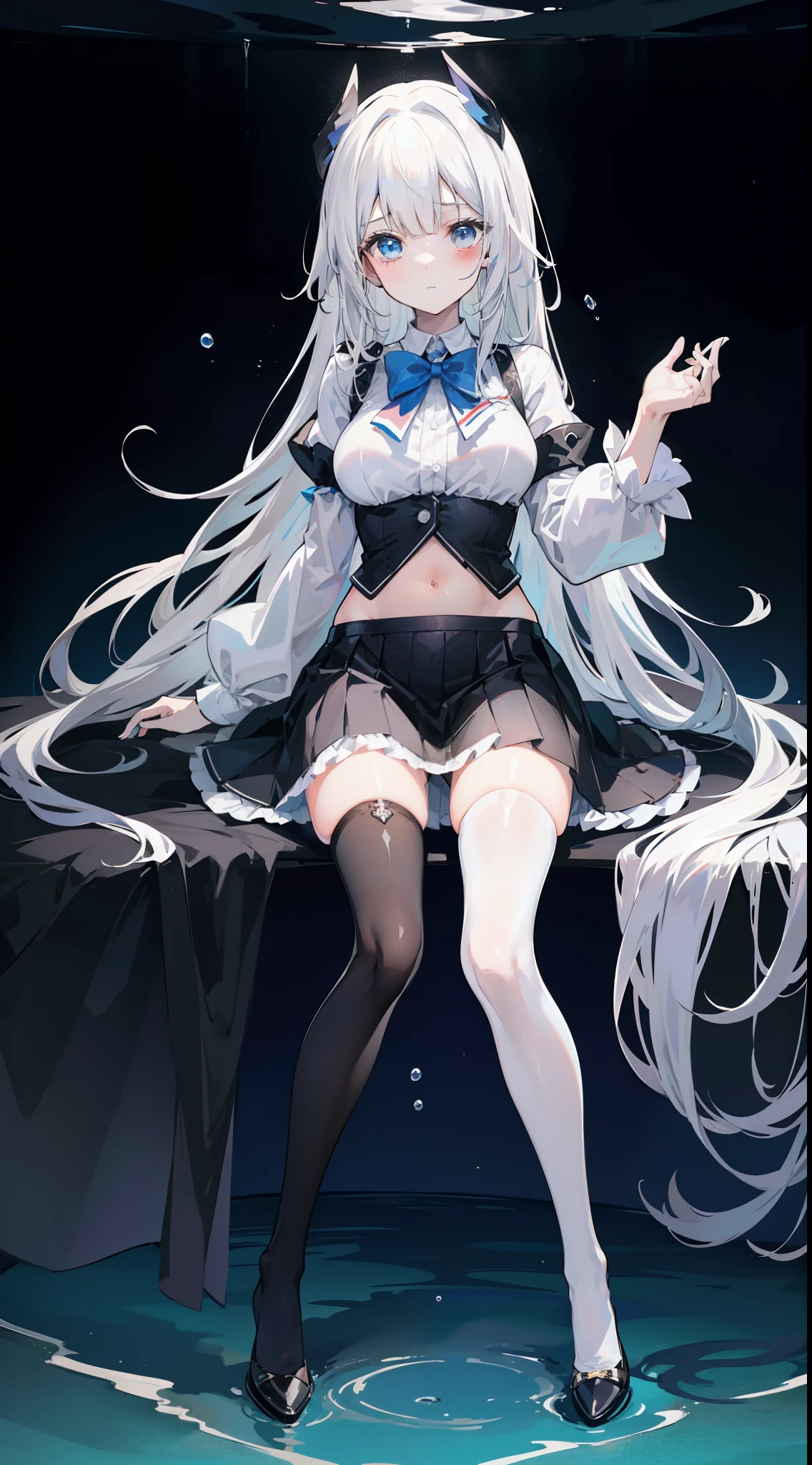 Masterpiece（（tmasterpiece）），（White color blouse），（（black micro skirt）），（Black transparent stockings），adolable，is shy，（Long blue）Hair，red bowtie，long leges，（At the bottom of the sea），Open navel