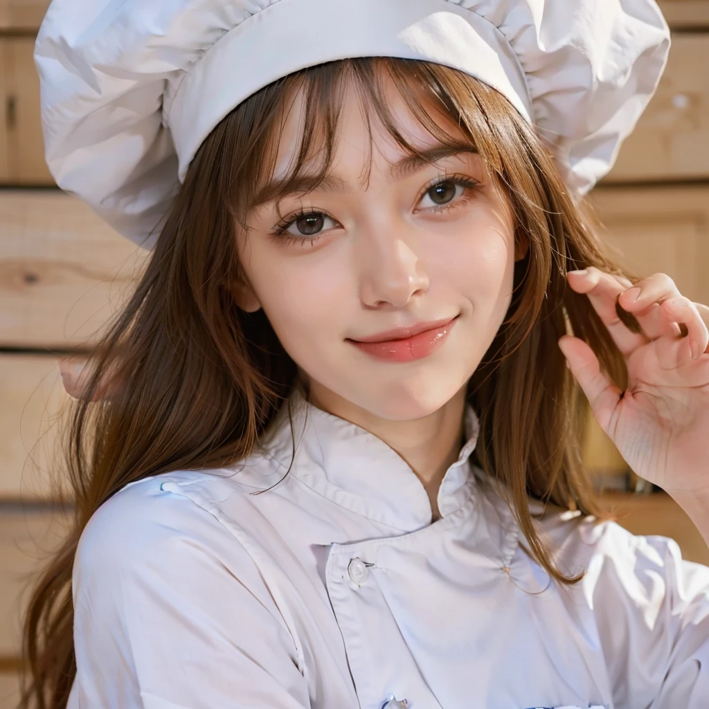 beatiful girl,smile,girl with chefs hat,chef's clotes,hair bangs