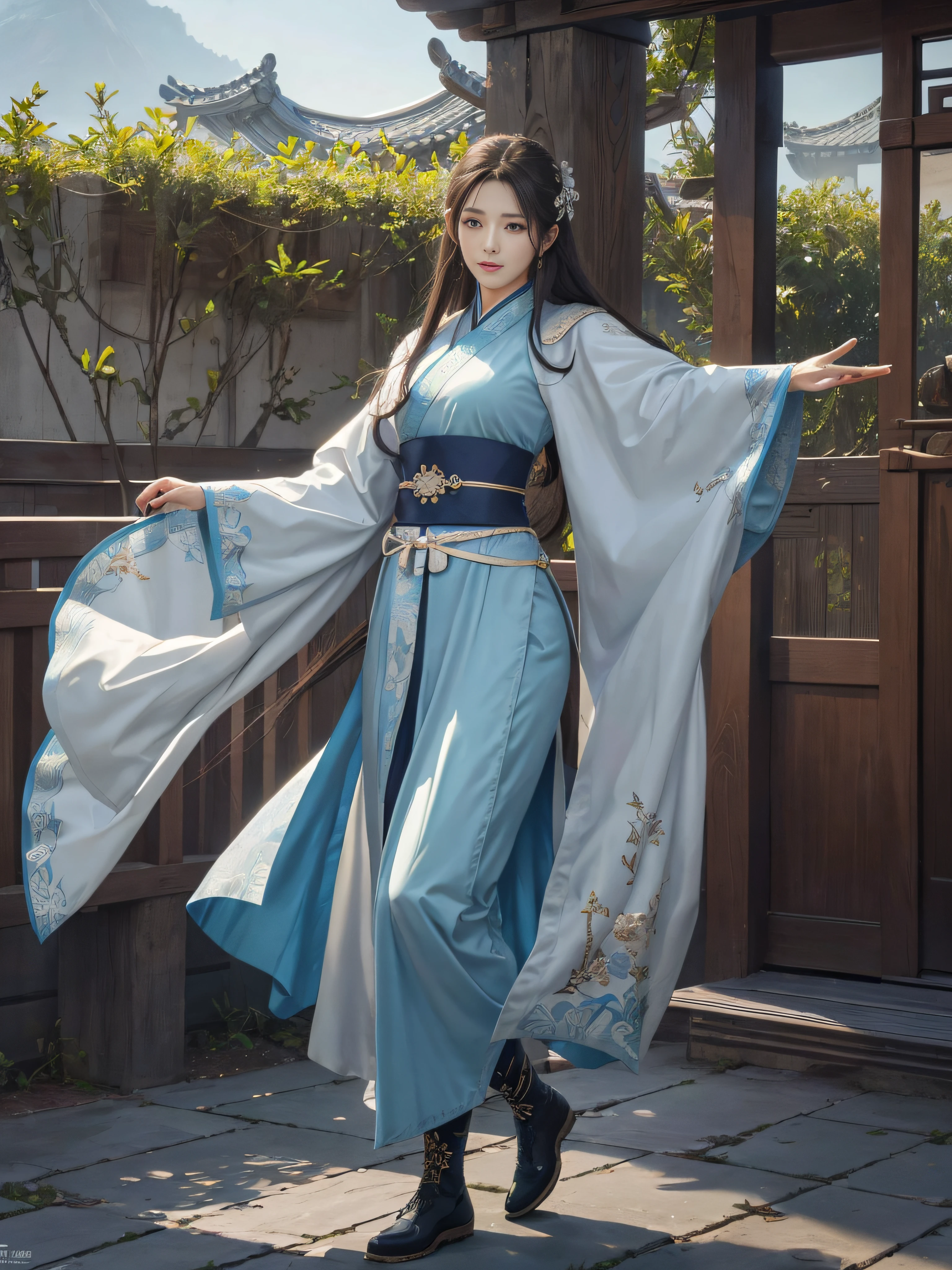 Royal sister,swordsmen,Big sister type,Oriental women,gallant woman,Cold sass,Different styles,,tmasterpiece,A high resolution,,Absolutely beautiful,,(Wide buttock:1.4),(Thick legs:1.4),are standing,exquisitedetails,A high resolution,Wallpapers,1female,独奏,,enchanted、Raised sexy, Rich expressions,ancient wind,Hanfu,,long trousers,Wear boots,embroidery, natural poses,standing on your feet, Fanning,16K,HDR,A high resolution,depth of fields,Bocoon,prime time,Vignette,rainbowing