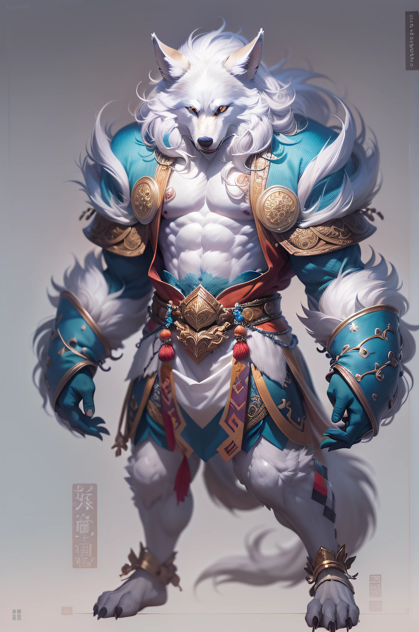 Male white wolf), standing on your feet, 独奏, musculature, Detailed scale texture, , (Shoulder blades, Leg nails), Blue body,White belly，zori，shadowing，Dim environment，（Chie's art，（drakgem），（（rakisha）），（kontanagamori）），（up front view），Looks pleased，[simple backgound]，Detailed students，Masterpiece artwork，Caustics, edge lit, Singlelightsource, Sharp shadows, Single portrait,drools，Super long blue and white hair