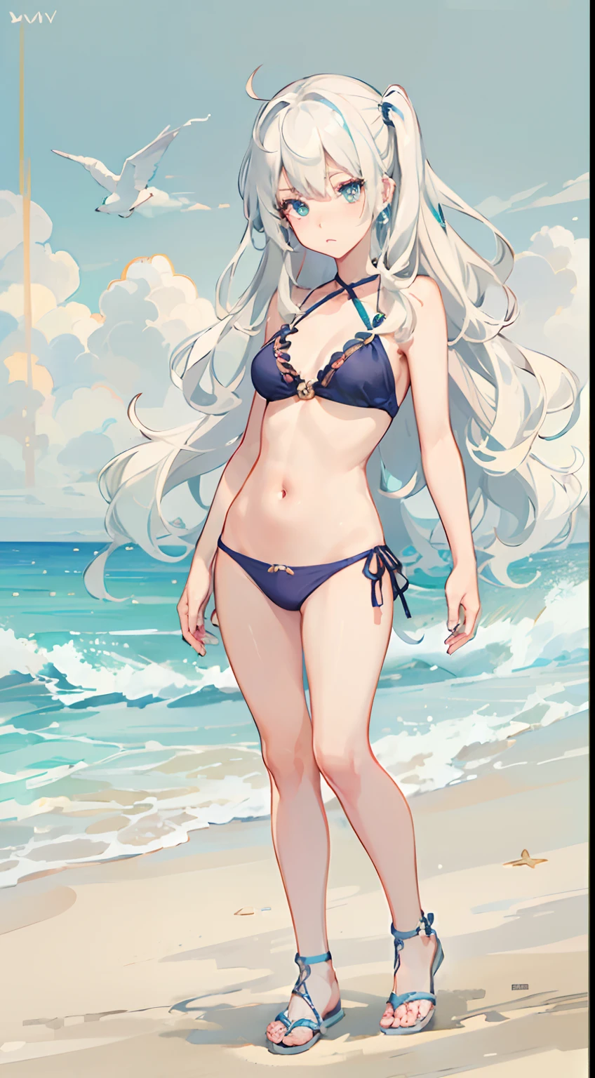 ((Best Quality)), (Ultra-detailed), ((Extremely detailed)), (Beautiful), ((Kawaii Girl)),(two side up hair).,Platinum Blonde Hair,Long hair, hair between eye, Wavy Hair, Long sideburns,Jade-colored eyes, White skin,Normal Chest,Slender body,Cross Halter Bikini,Sandals,in beach,Standing.Look Camera