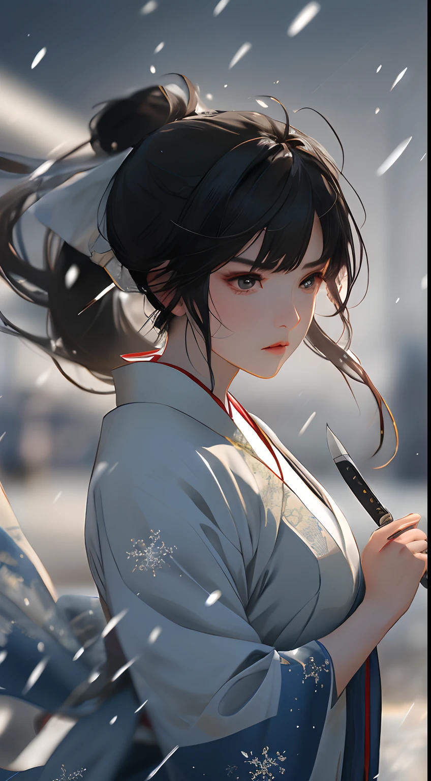 a beauti，Hold a knife in your hand，The knife is in front of you，Gorgeous light gauze Hanfu，Angry expressions，Separate bangs，Raise an eyebrow，Ponytail hairstyle，snowflakes falling，fightingpose，dynamic blur，Detailed representation，8k