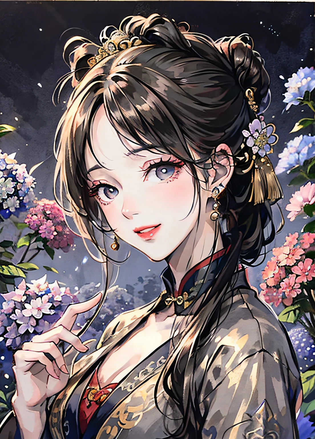 Masterpiece, Superb Product, Night, Full Moon, 1 Woman, Mature Woman, Chinese Style, Antique Chinese, Sister, Royal Sister, Smile, Brunette Hair, Updo, Red Lips, Calm, Intellectual, Hairpin, Hair Flower, Detailed Facial Details, Detailed Eyes, Full Body, Gray Eyes, Long Hair, Hydrangeas