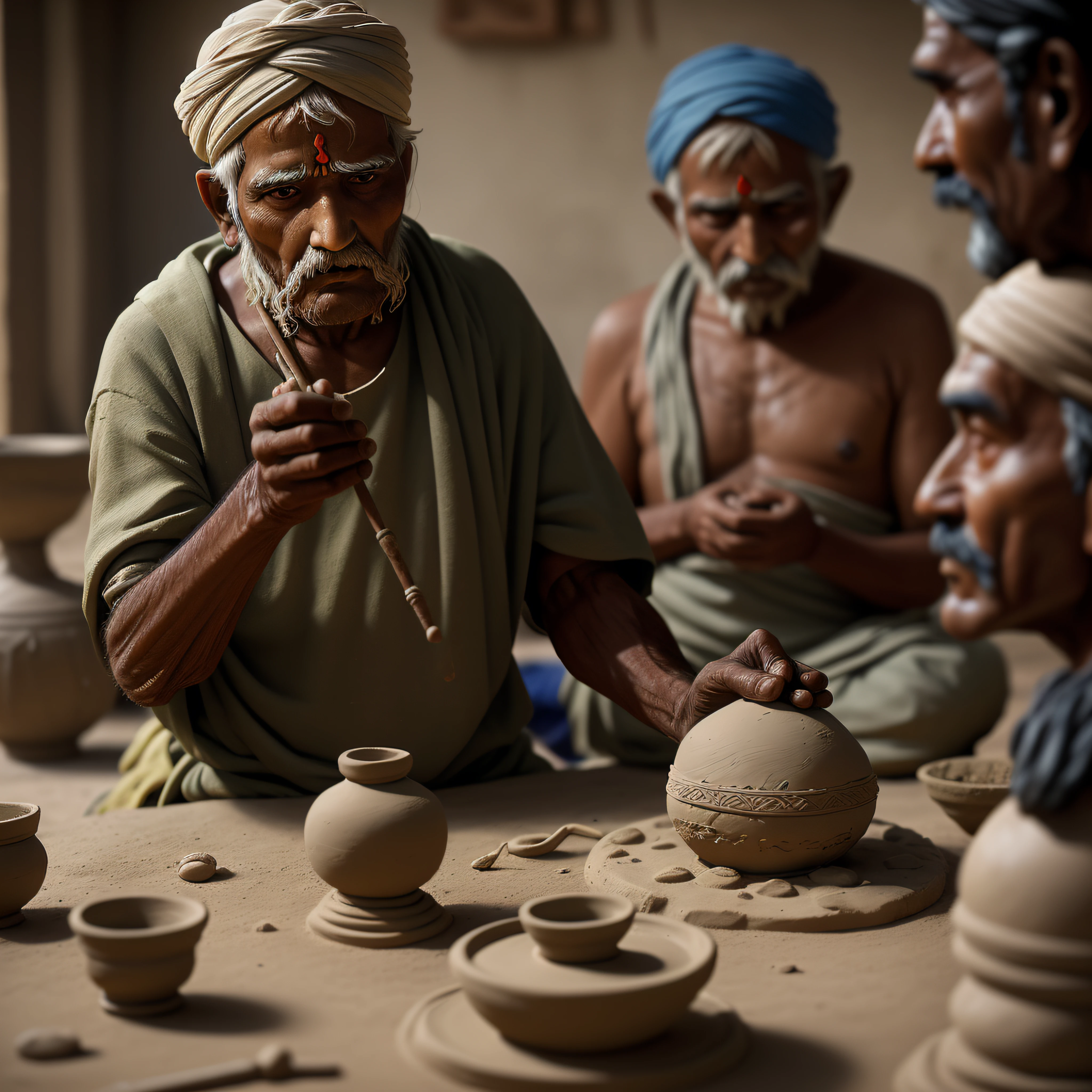 masterpiece, best quality, realistic, 1 Indian old man making a statue \(Clay, Look: Maharastrian, age: 60, blurry, still life, Clay, depth of field, blurry background\),