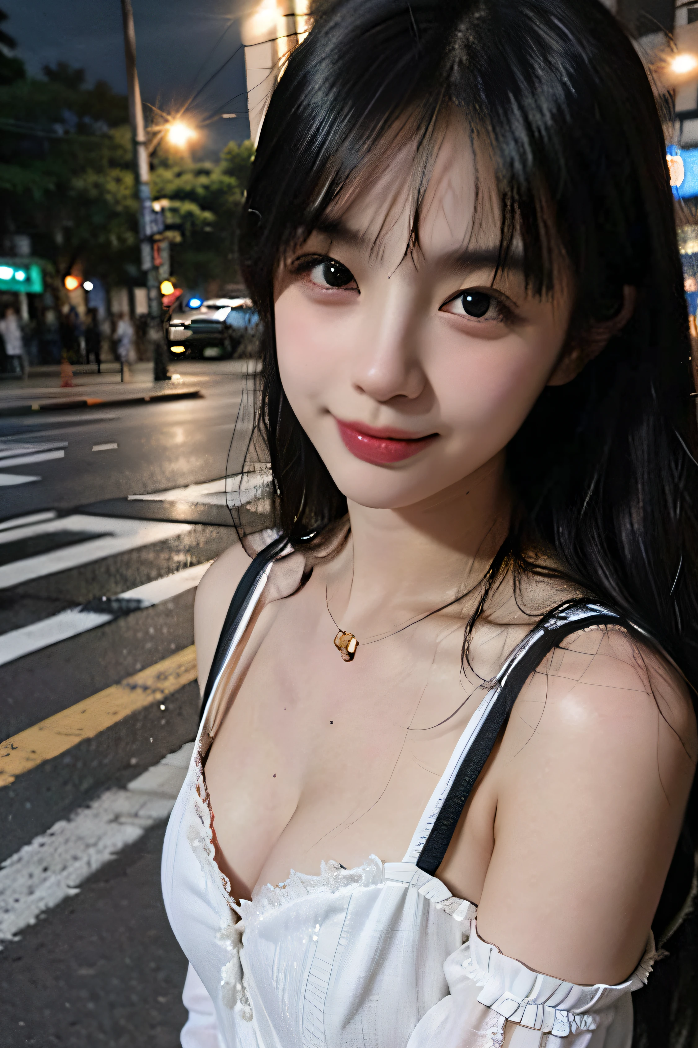 1girl, Tokyo street,night, cityscape,city lights,upper body,close-up,smile,, (8k, RAW photo, best quality, masterpiece:1.2),(realistic, photo-realistic:1.37),