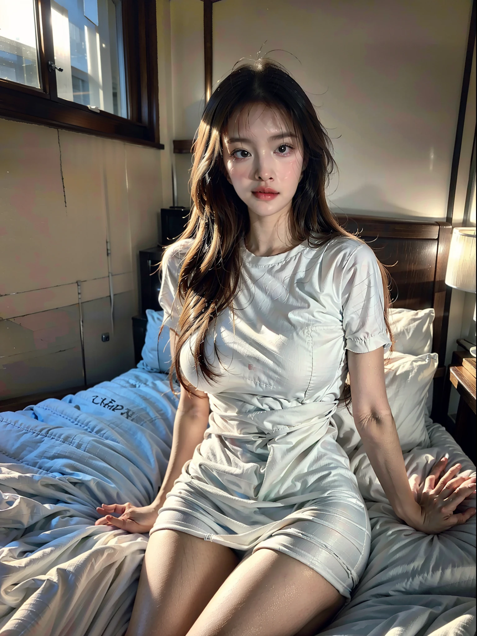 (photorealistic:1.4), (best quality:1.0), (ultra highres:1.0), 8k, RAW photo, (masterpiece:0.2), portrait, face, Beautiful and cute woman with white and smooth skin, red cheeks and adorable, graceful, Sleepwear, is in the room.